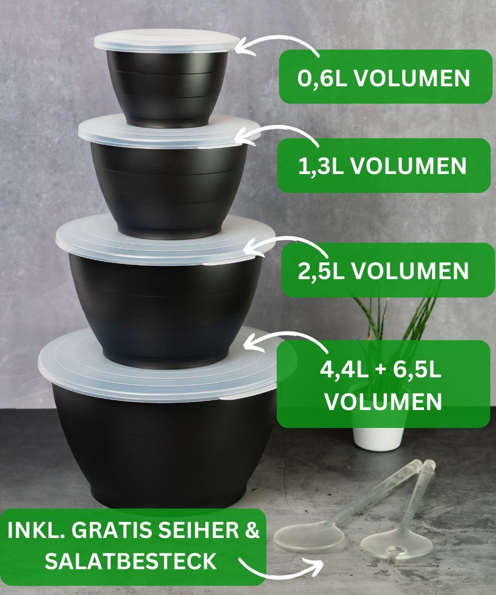 Thiru Salatschüssel 6 Teilig 0,6L/1,3L/2,5L/4,4L - mit Deckel, Seiher, Salatbesteck, (8-tlg), Spülmaschinenfest