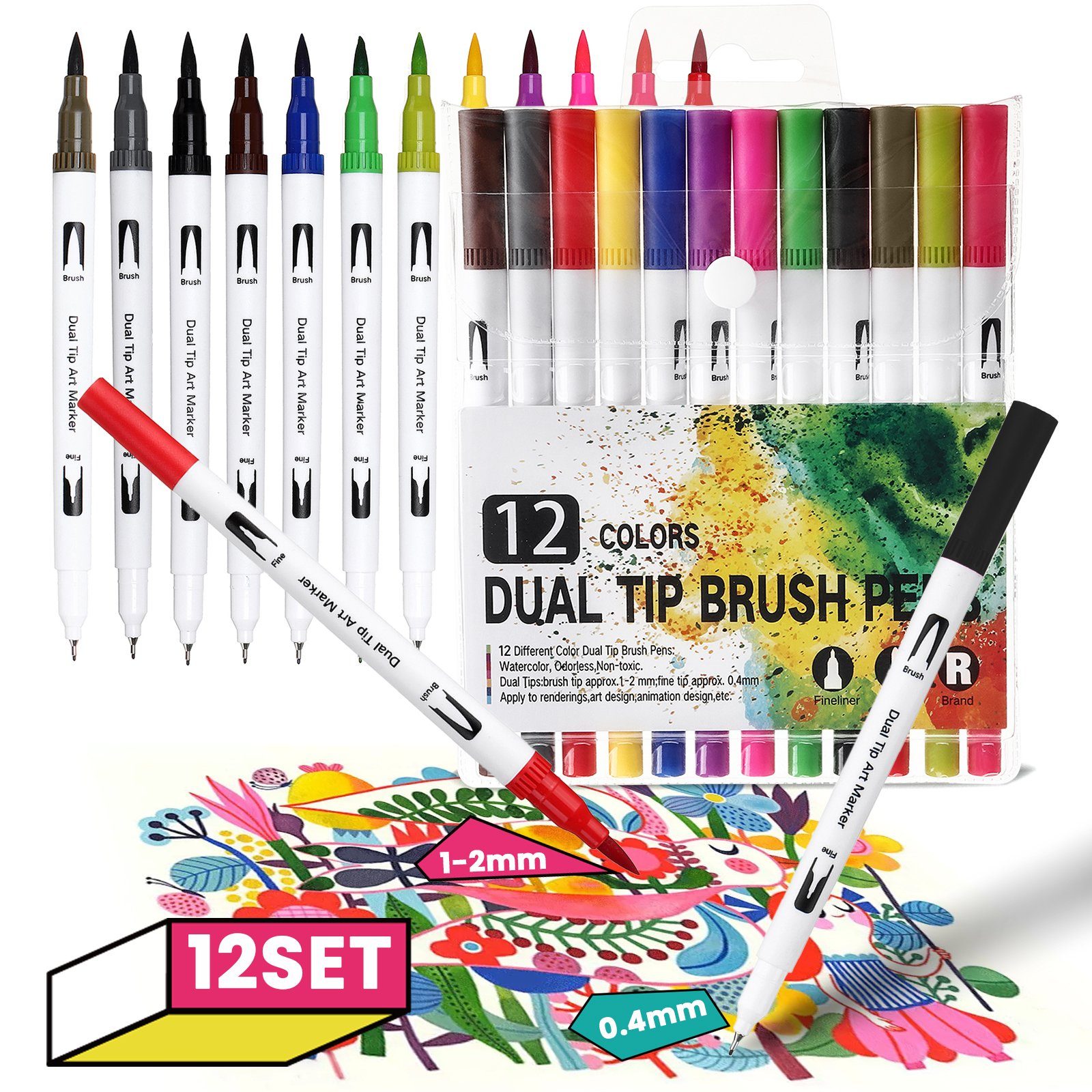 NASUM Filzstift 24 Colors Dual Tip Brush Stifte, Kreativität ohne Grenzen mit flexiblen Spitzen