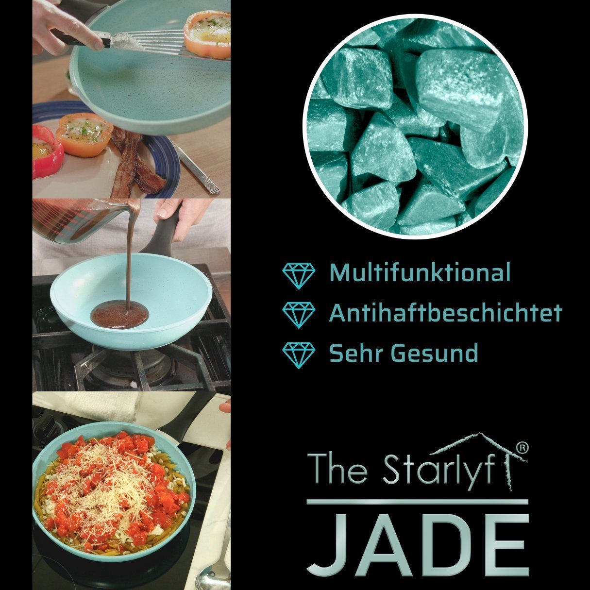 Starlyf Pfannen-Set Jade Pan Set + Jade Knife Series, Aluminium (Spar-Set, 11-tlg., 3 Pfannen, 2 Glasdeckel, 5 Messer, 1 Messerständer), Pfannen - Messerset - M – Bild 5 von 5
