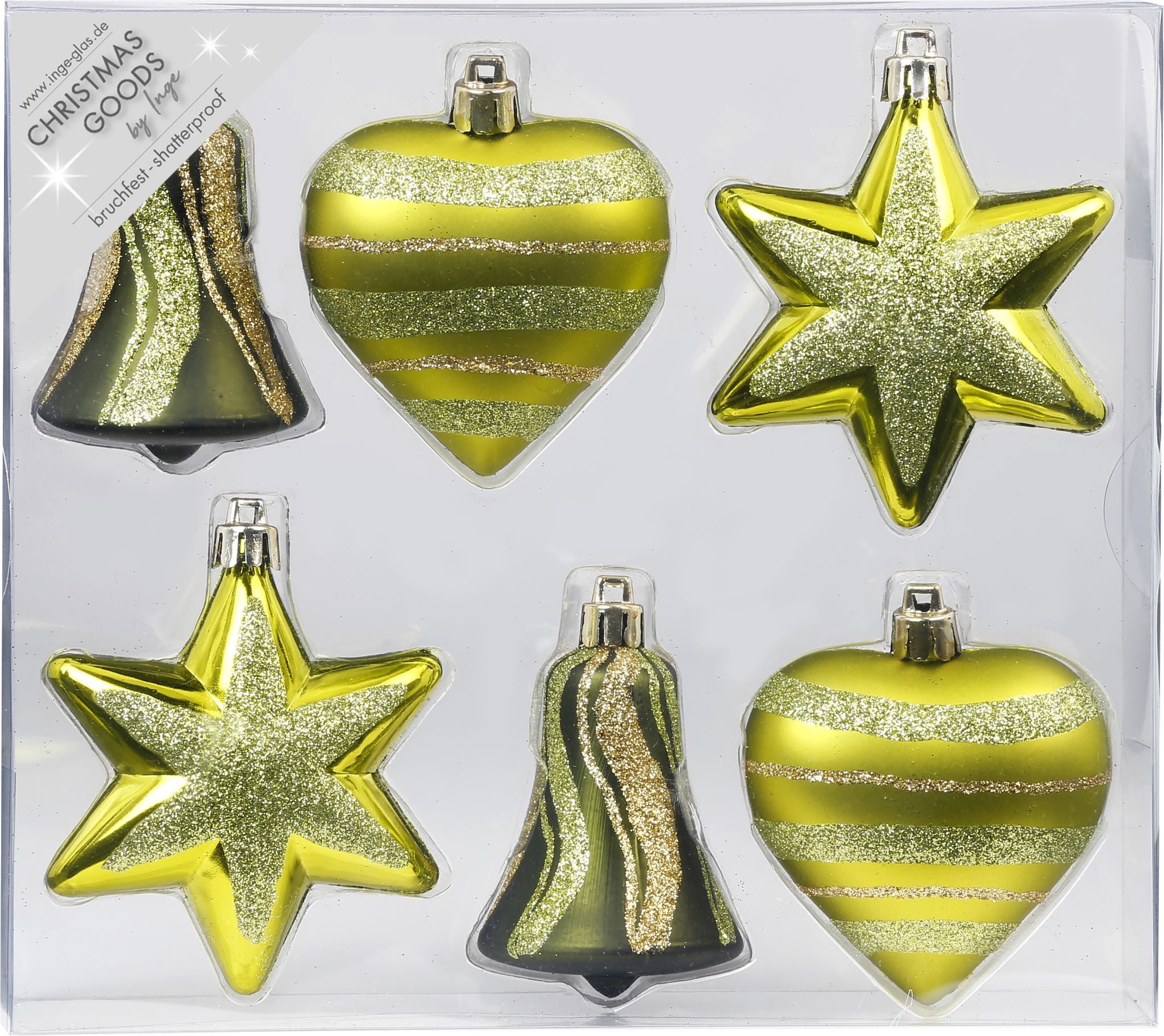 MAGIC by Inge Christbaumschmuck, Christbaumschmuck Formen Mix 9cm Kunststoff 6er Set - Olive Green