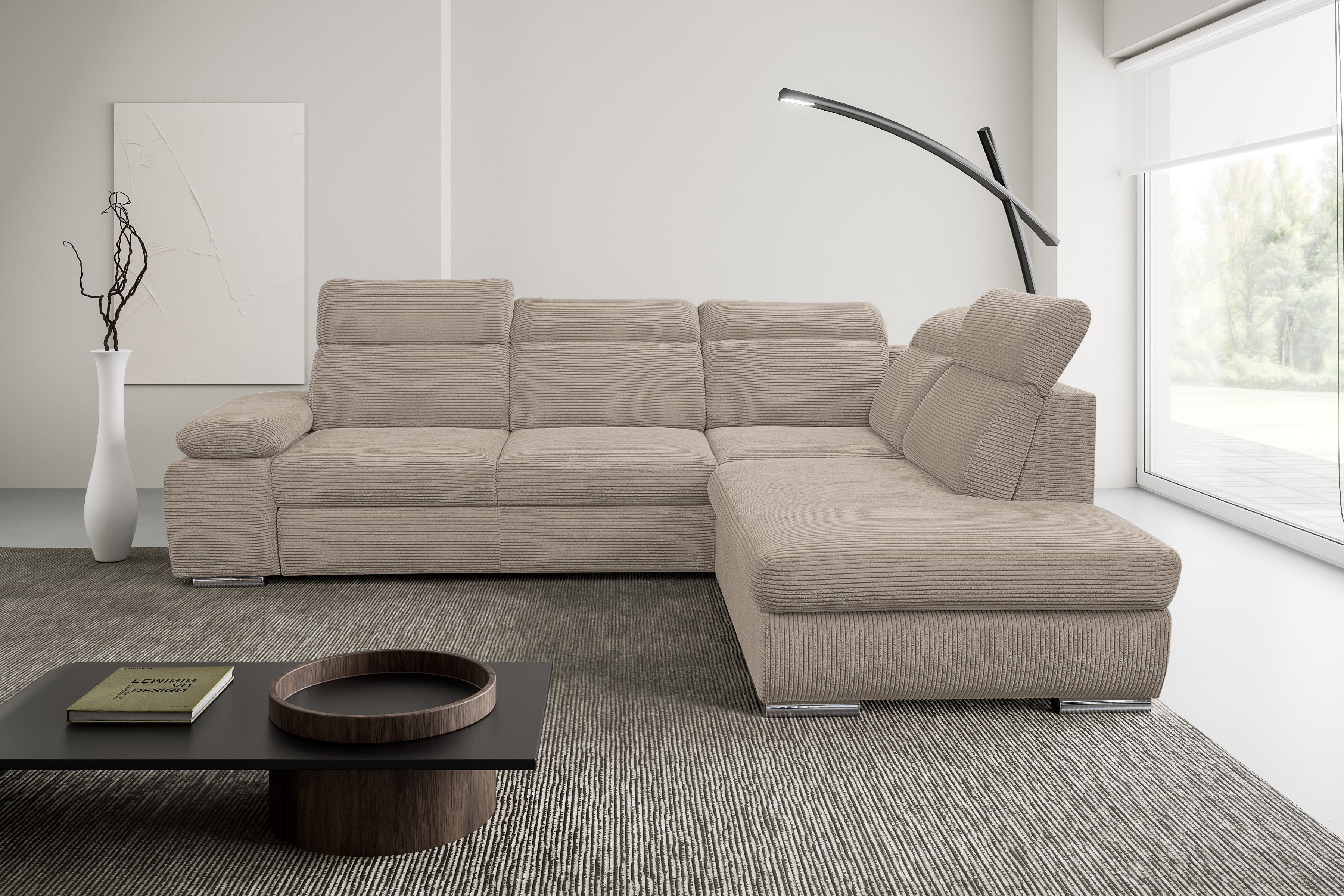 WERK2 Ecksofa Alicante Cord, inkl. Bettfunktion & Bettkasten, Breite 280cm, L-Form, Schlafsofa mit Bettkasten & verstellbaren Kopfstützen.