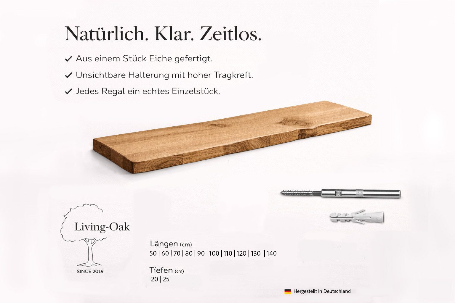 Living Oak Wandregal No. 03 - schwebendes Wandregal Regalbrett Holz Eiche massiv rustikal, Bücherregal, Handarbeit aus Deutschland. € 95,00