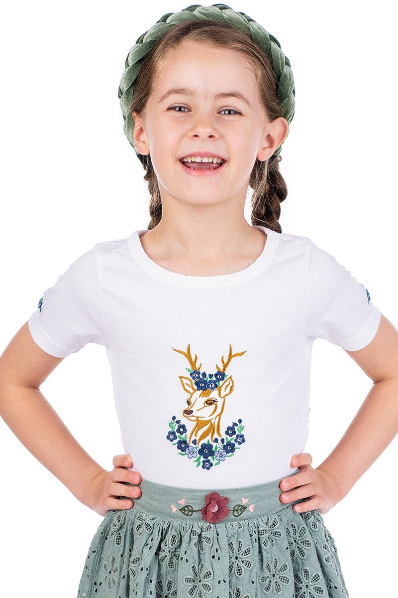 Isar-Trachten Trachtenbluse Trachtenshirt Kind - BLUMENREHLEIN - weiß/blau