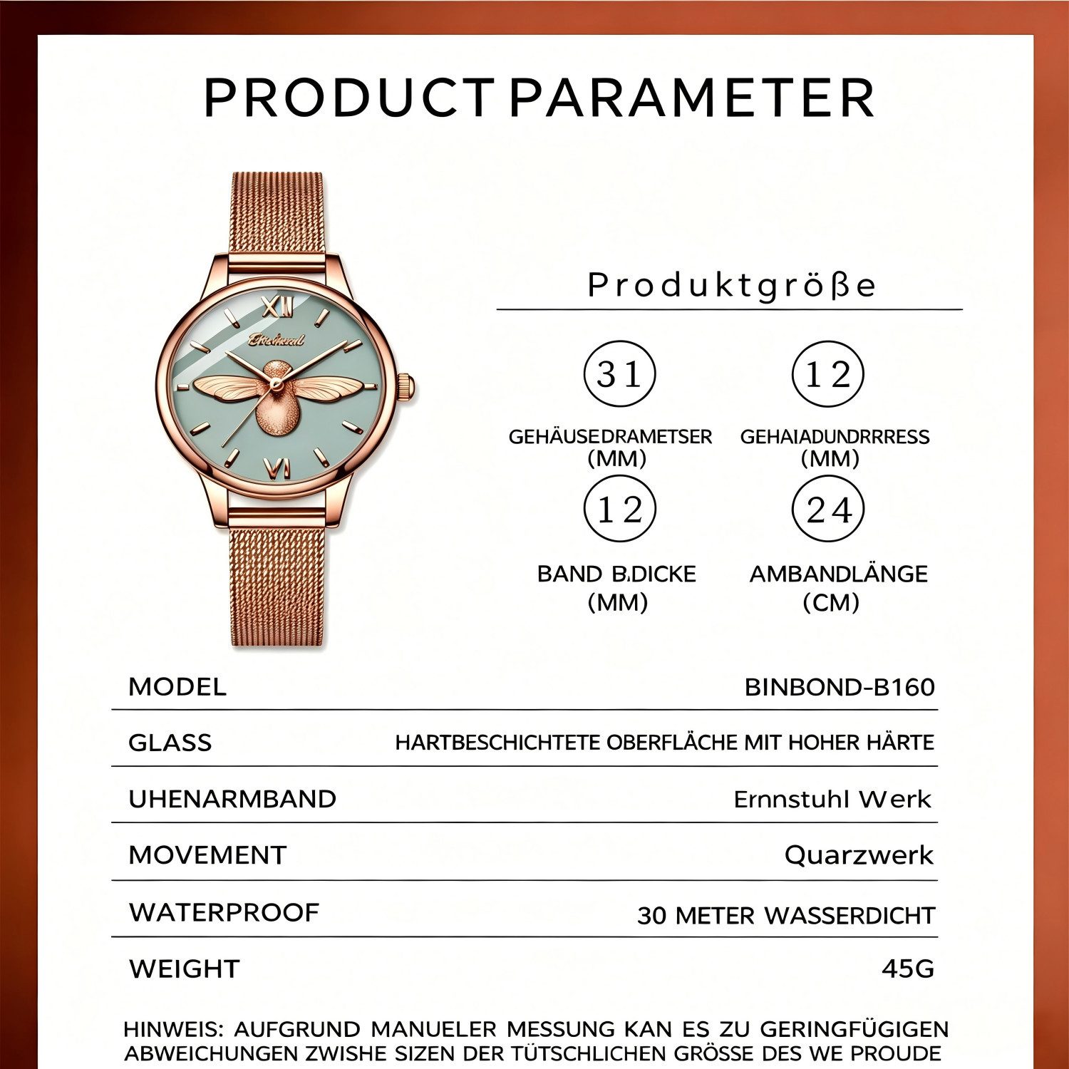 ibettertec Quarzuhr Damen Armbanduhr, Elegante Quarzuhr mit 3D Bienen-Motiv Bienen Motiv Uhr, Zarte Roségold Uhr mit grauem Zifferblatt, ideal für Alltag, Büro  – Bild 4 von 5