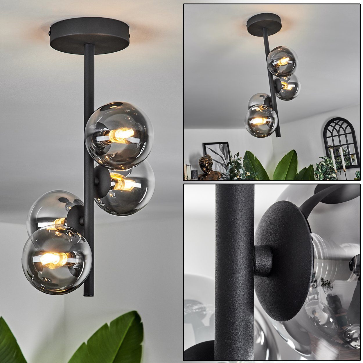 hofstein Deckenleuchte Deckenlampe aus Metall/Glas in Schwarz/Rauchfarben/Klar, ohne Leuchtmittel, Leuchte im Retro-Design aus Glas, 4 x G9 LED, ohne Leuchtmittel | Deckenlampen