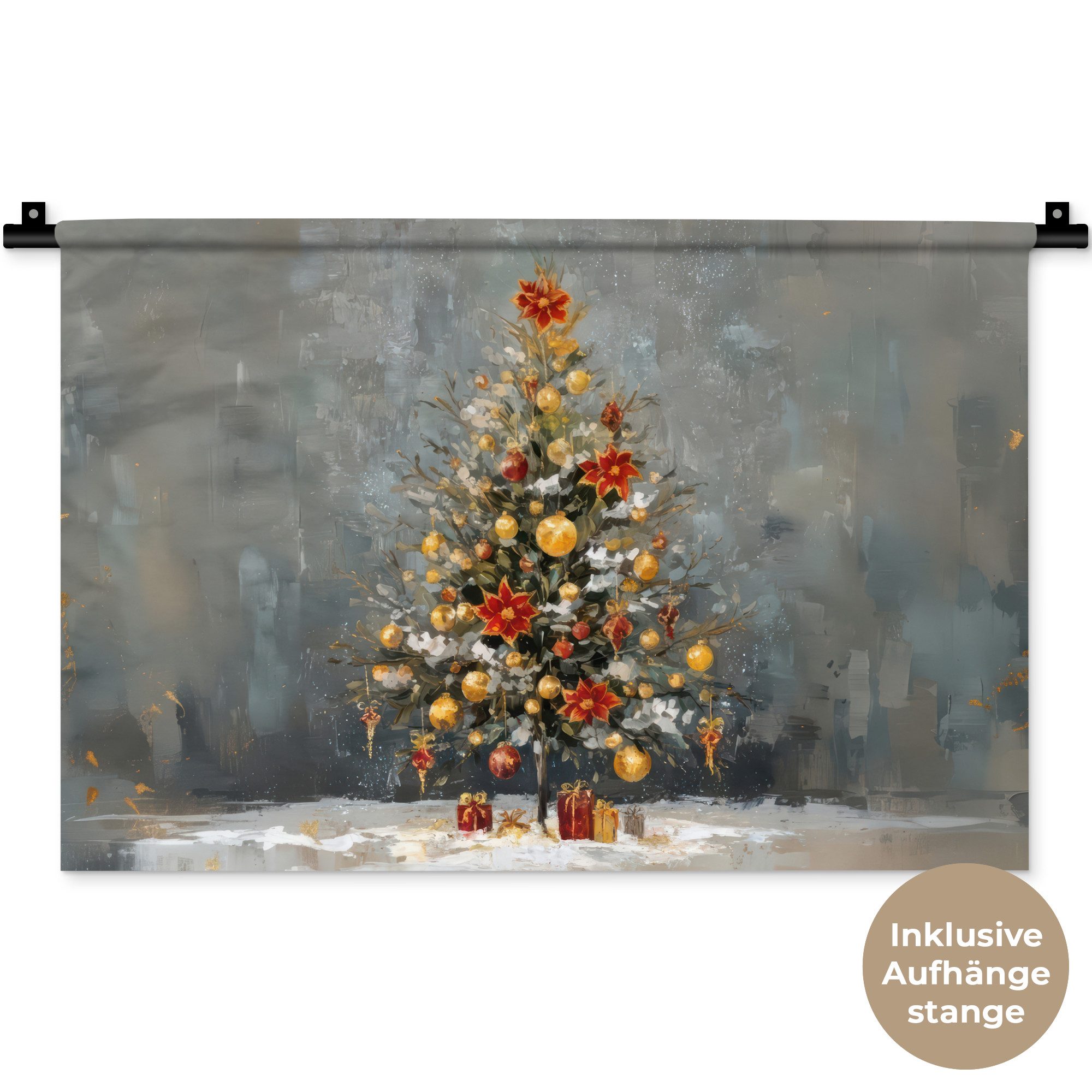 MuchoWow Wandteppich Weihnachtsbaum - Geschenke - Rot - Gold, Rechteckig, Höhe: 3 mm, Wandteppich für Wohnzimmer, Schlafzimmer, 60x40 cm
