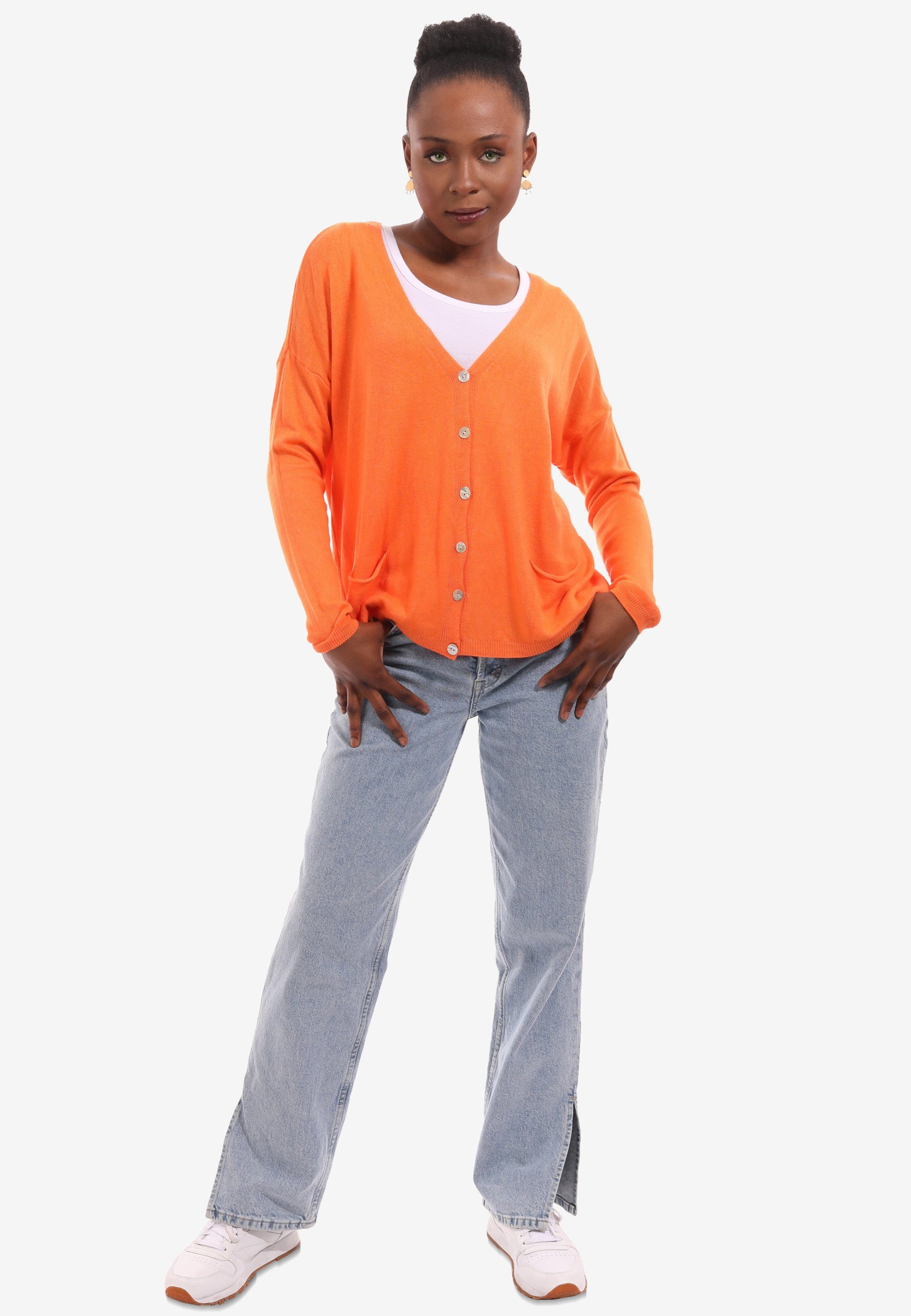 YC Fashion & Style Cardigan (1-tlg) Unifarbe, Cardigan in - Vorne locker mit geschnitten, orange geknöpft, Feinstrick Knopfleiste
