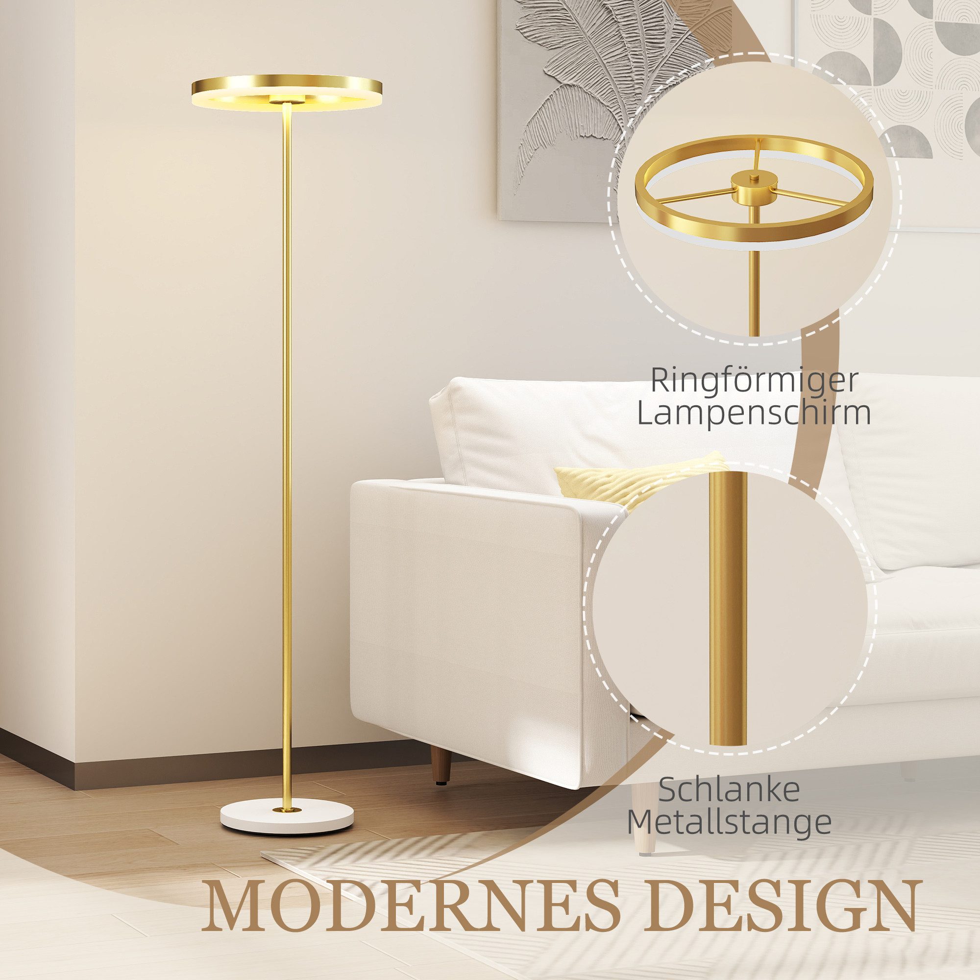 HOMCOM Stehlampe LED Dimmbar Stehleuchte mit 3 Lichtfarben, Fußschalter, LED, Wohnzimmer, Schlafzimmer, Gold – Bild 5 von 5