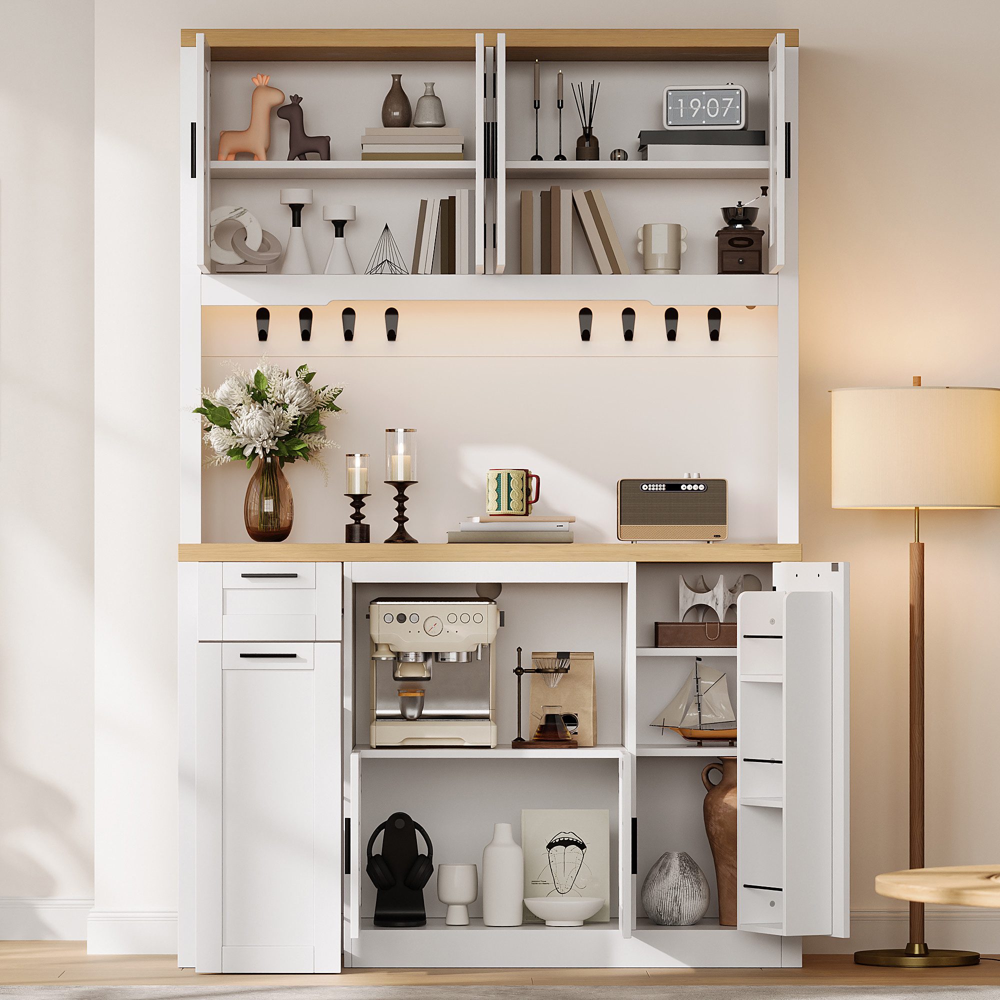 Flieks Küchenbuffet Hochschrank mit Arbeitsplatte Natur, LED-Beleuchtung, Steckdosen (120x40x182 cm, 1-St., Mehrzweckschrank mit verstellbarer Einlegeböden, Lad – Bild 4 von 5