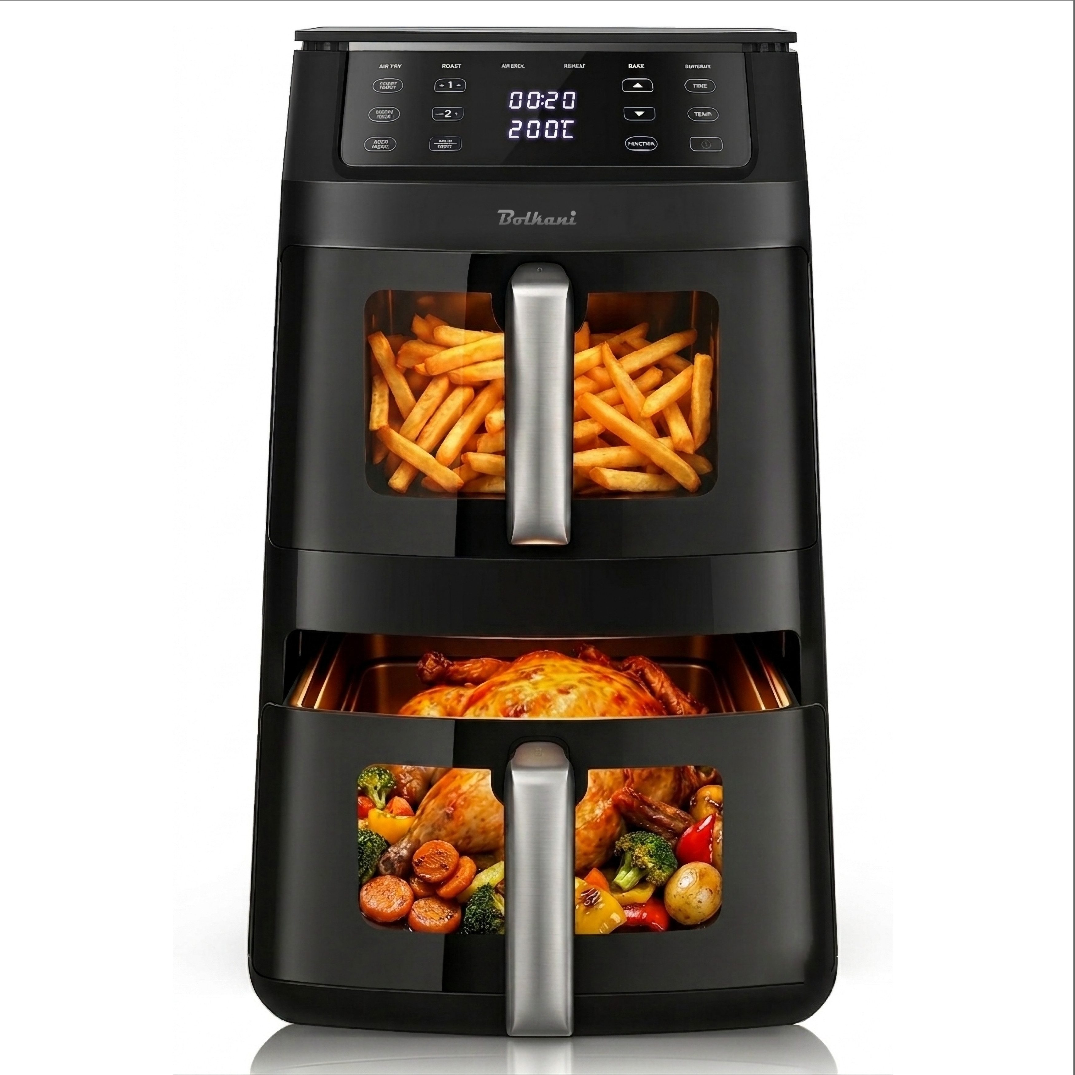 Bolkani Heißluftfritteuse AF1102T, 2500 W, Doppelkammer, 2 Garzonen, 11 L, 6 Programme, Sichtfenster