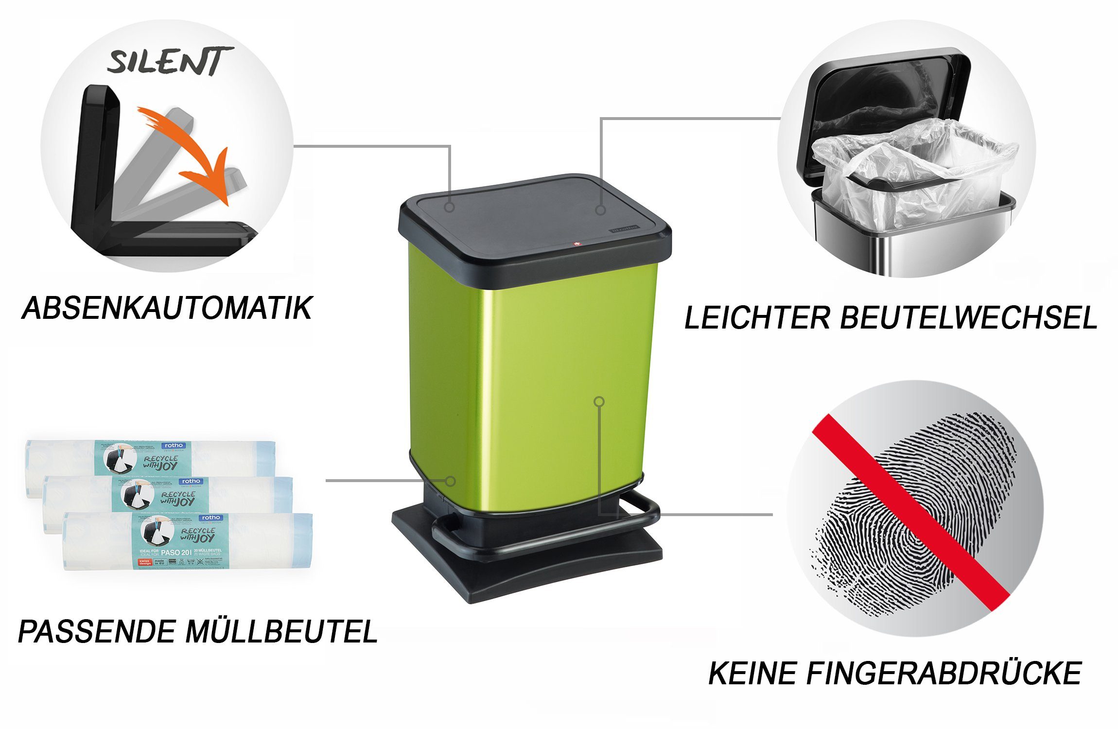 (PP) der metallic Mülleimer Mülleimer 20l Paso Schweiz hergestellt mit Grün ROTHO Deckel, Kunststoff BPA-frei, in