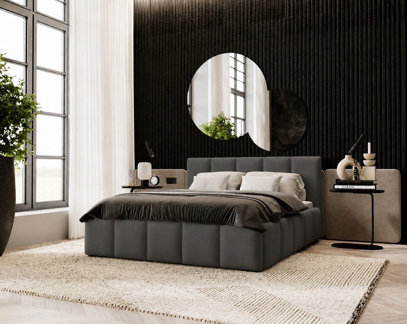 MOEBLO Polsterbett PASADO 140x200 (Doppelbett mit Kopfstütze, Rahmenbettgestell, Stauraumbett), gepolstertes Kopfteil, mit Bettkasten und Lattenrost