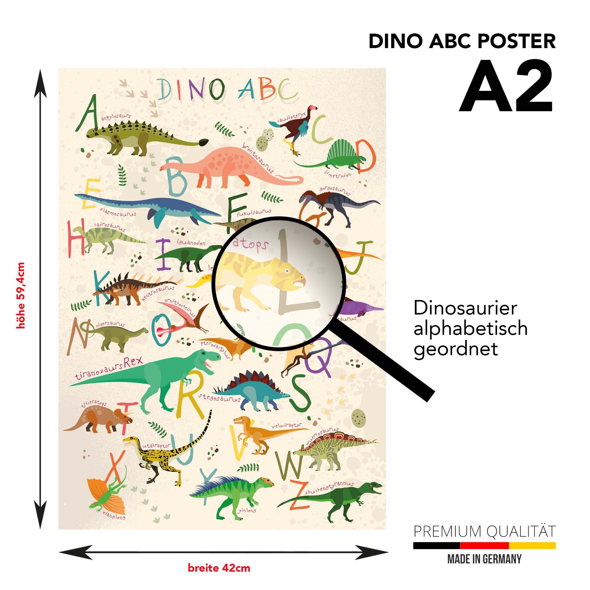 Lineo Poster Dinosaurier ABC Lernbild für Kinder Cartoon 59x42 cm, Dino Poster XXL Kinderzimmer Dekoration & Alphabet lernen – Bild 2 von 5