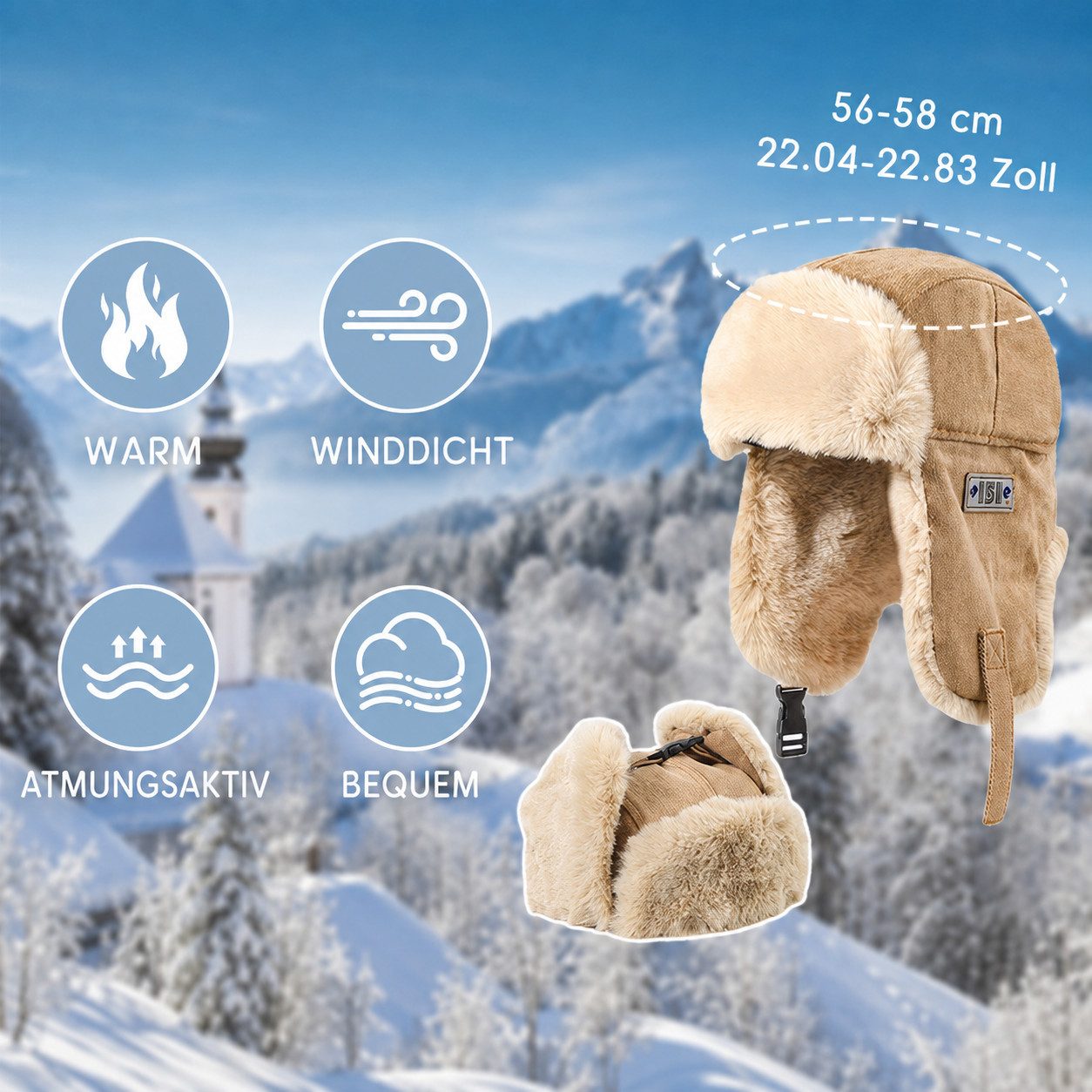 nsihing Plüschmütze Unisex Winter-Skihut, Warme Mütze mit Ohrenklappen Flauschiger Fliegermütze für Damen & Herren, Ideal für Wintersport – Bild 5 von 5