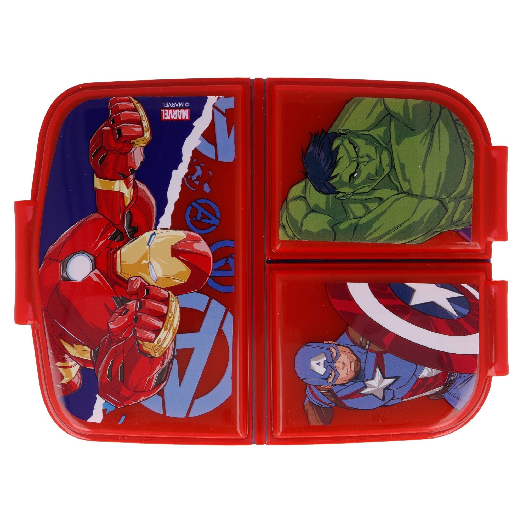 MARVEL Lunchbox Marvel Avengers Kinder Lunch Set 4tlg, (4-tlg), 3 Kammern Brotdose Alu-Trinkflasche Besteck