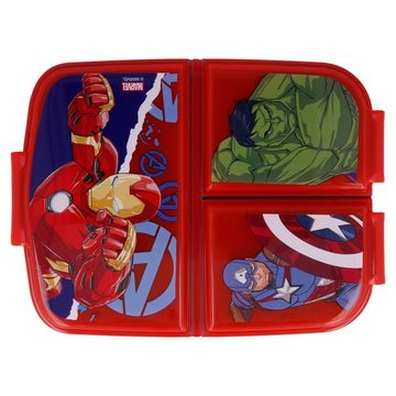 MARVEL Lunchbox Marvel Avengers Kinder Set 4tlg, (4-tlg), 3 Kammern Brotdose Alu-Trinkflasche Besteck