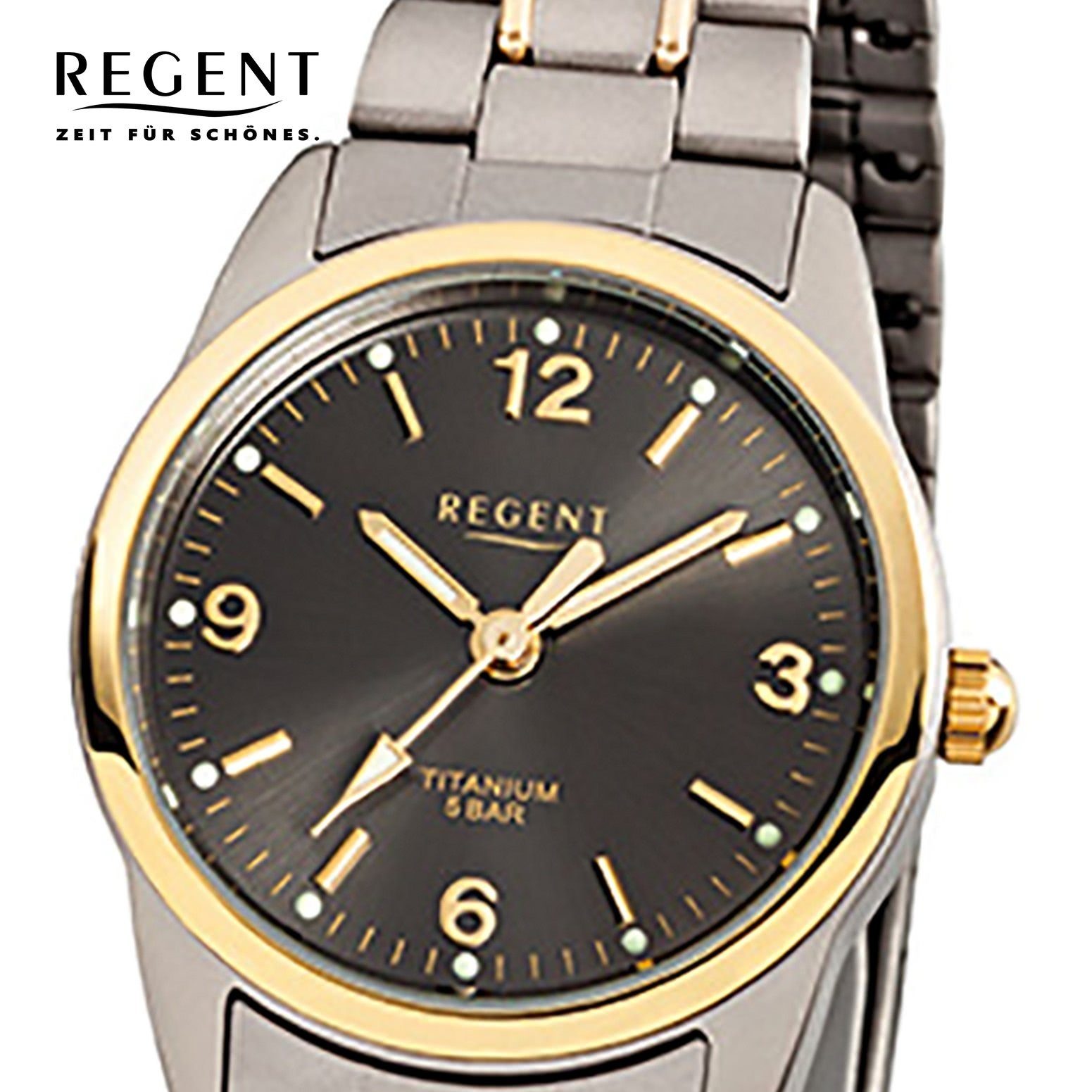 klein silber Regent grau (ca. Armbanduhr rund, Titanarmband Quarzuhr Regent Damen-Armbanduhr 26mm), Damen gold,