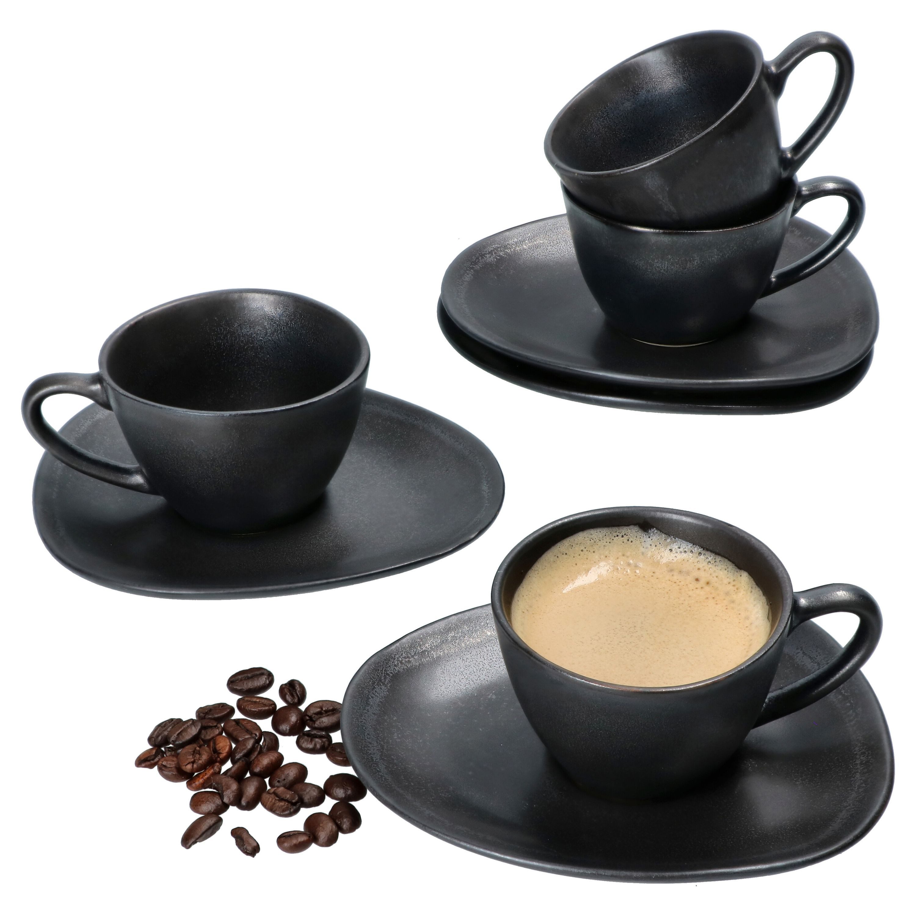 MamboCat Tasse 4er Set Manhattan Espressotasse mit Untertasse für 4 Personen schwarz, Steingut