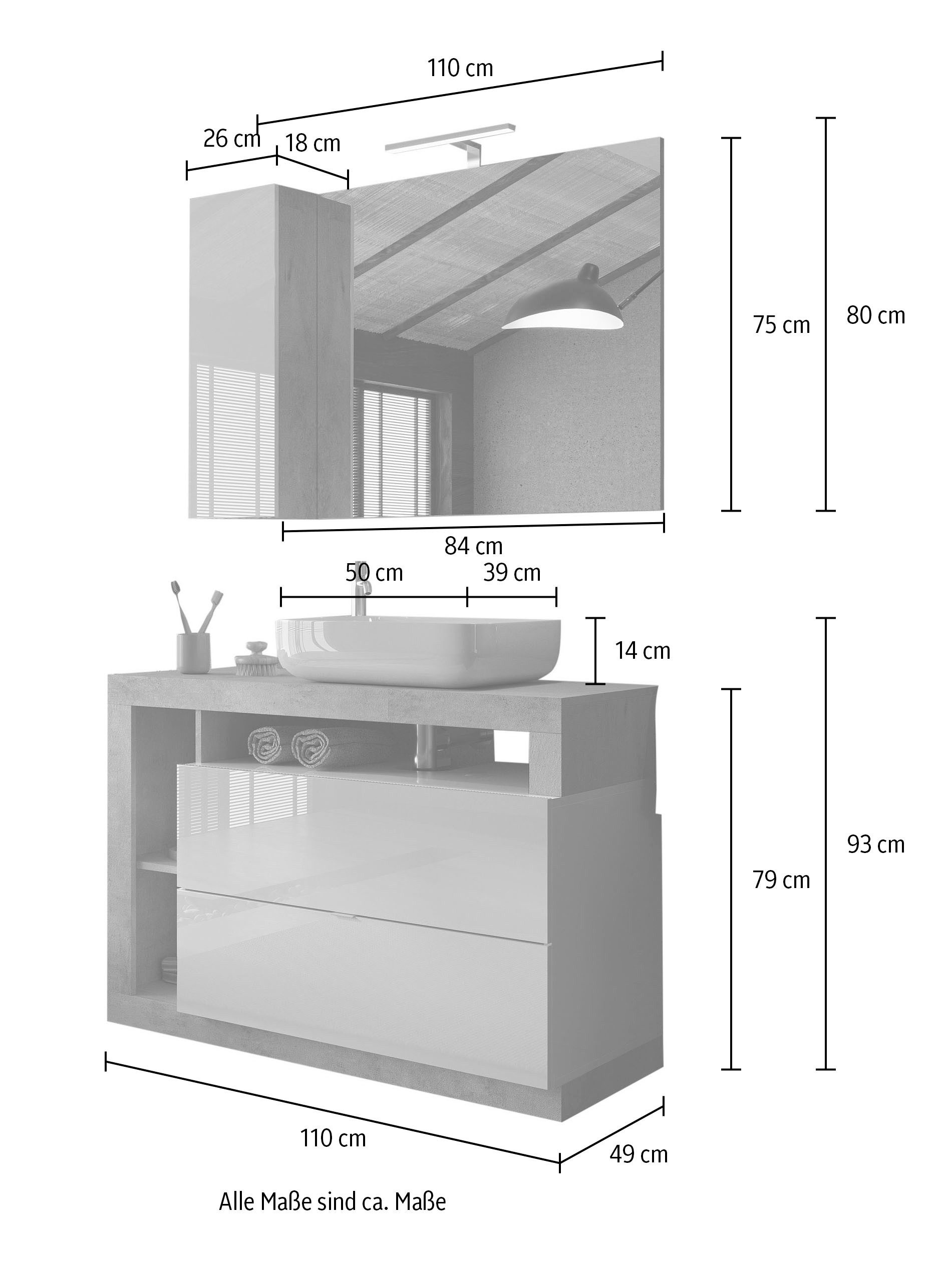 welltime Badmöbel-Set Hamburg, Badezimmerset 2tlg. Breite 110 cm, Badmöbel, Waschtisch inkl., (Spar-Set, 2-St), Waschbecken, Spiegelschrank mit LED Aufbauleuchte, Soft-Close-Funktion