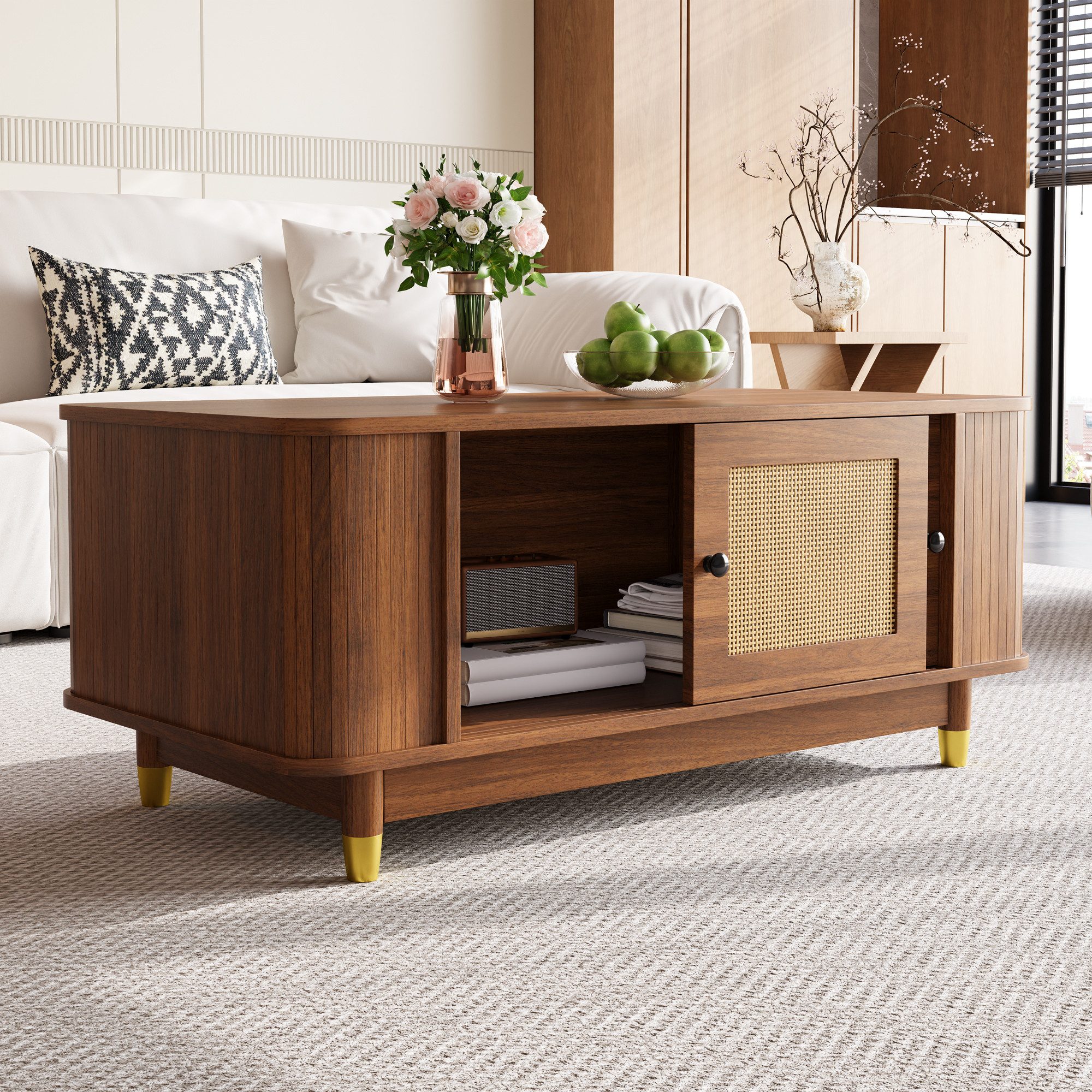 MODFU Couchtisch 100x42x50 cm mit Rattan-Schiebetüren, Holzoptik, MDF (Packung, 1-St., Abgerundete Ecken & Stauraum integriert), Modernes Design für gemütliche Wohnzimmer