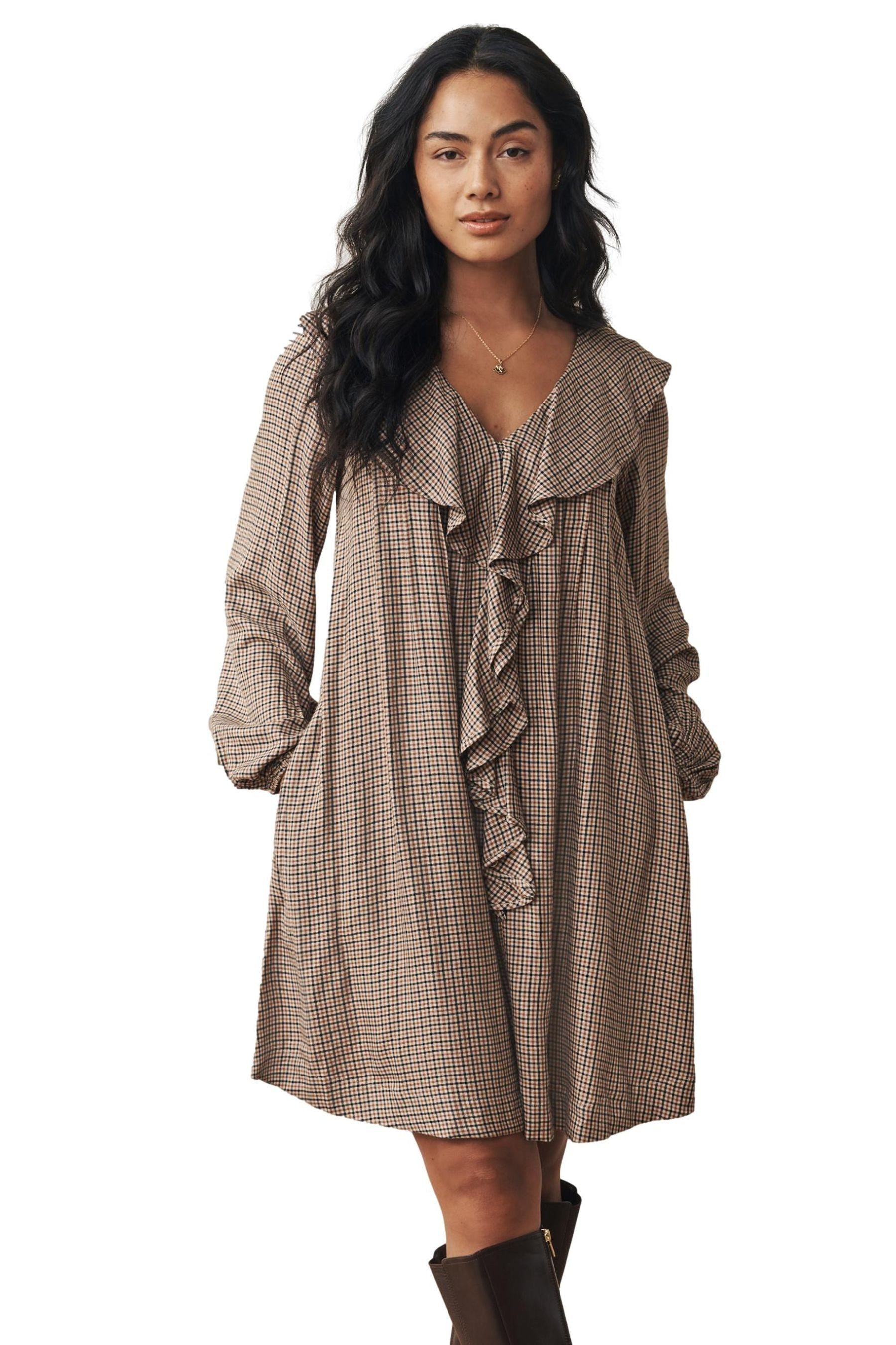 LAURA ASHLEY Minikleid Laura Ashley kariertes Minikleid mit Rüschenfront (1-tlg)