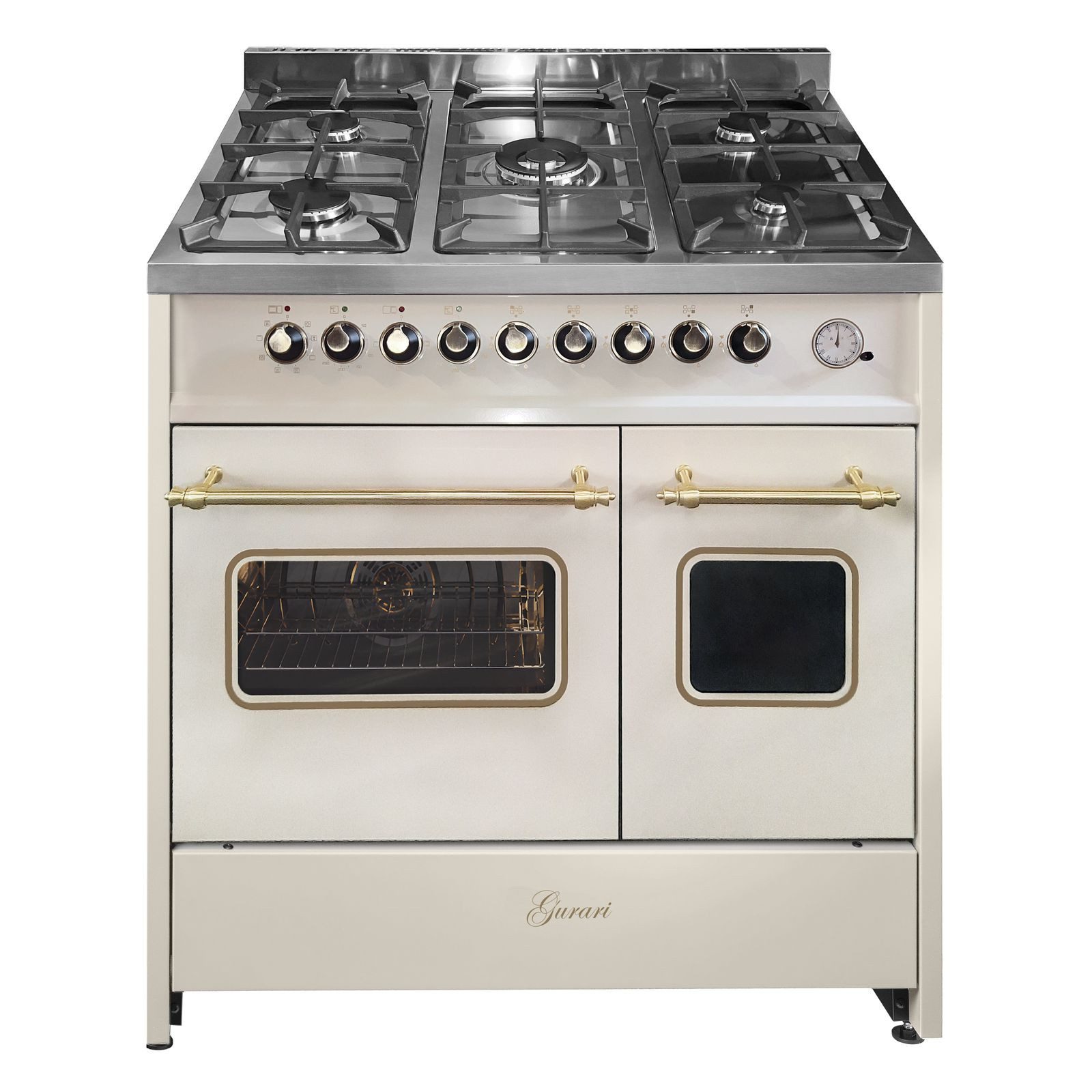 GURARI Gas-Standherd Retro-Design Creme Gas Elektro Standherd 90 cm Range Coocker GCH E 916 Cr R Retro Herd 90 cm mit Doppel Backofen, mit 1-fach-Teleskopauszug, 5-flammigen Gas-Kochfeld, 4,0 kW WOK, Erdgas,Fl.Gas