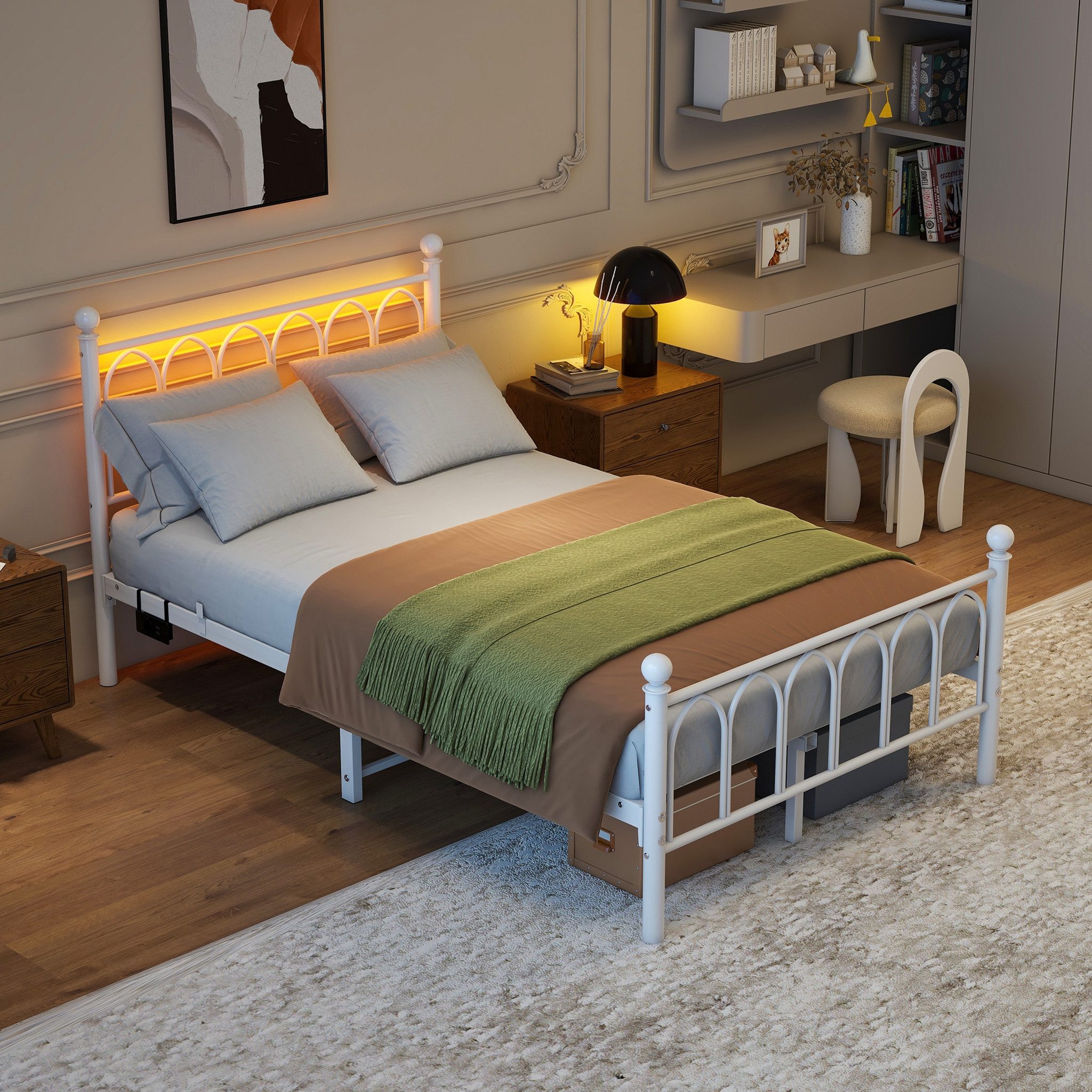 MC Star Polsterbett 120x200cm Metall-Bettrahmen mit Vintage Kopf und Fußplatte (USB-Ladestation, LED-Bettrahmen, Heavy Duty Stahl Slat Unterstützung, Reichweite Unterbett-Speicher, Keine Box-Feder erforderlich, Weiß)
