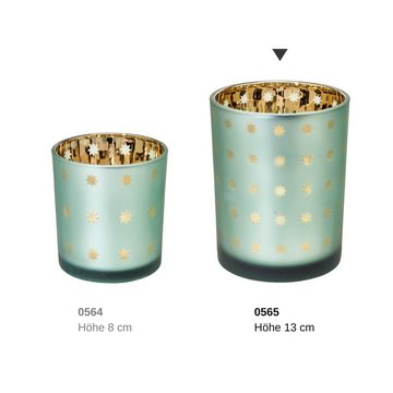 EDZARD Windlicht Duco, Teelichthalter aus Glas mit Sternen-Design, Teelichthalter mit Innenseite in Gold-Optik, für Teelichter und Maxi-Teelichter, Höhe 12,5 cm, Ø 10 cm