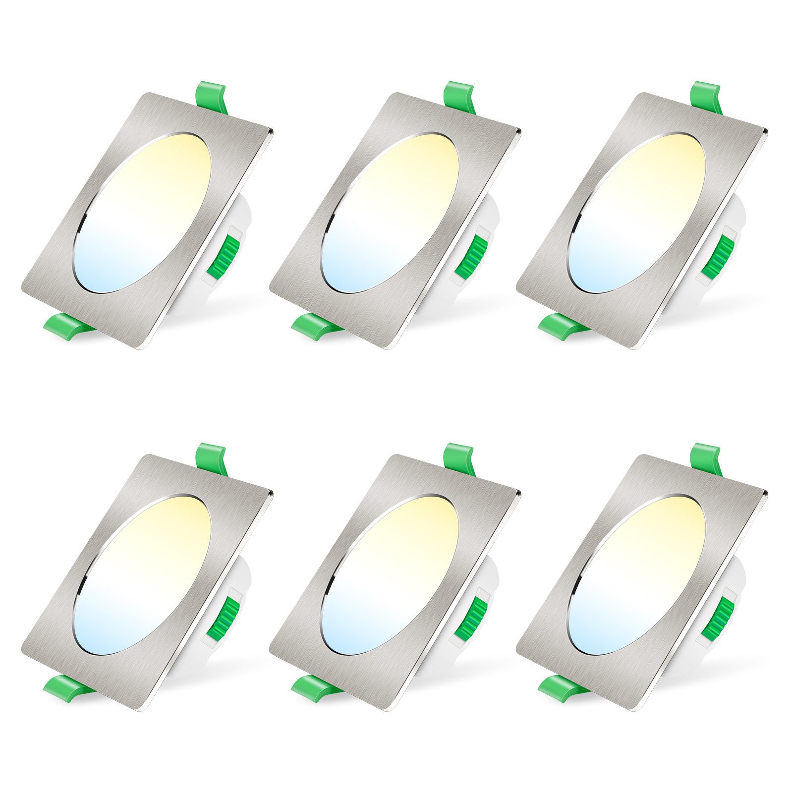 ALUSSO LED Einbaustrahler 6er-Set, 7W Decken Leuchte, 68mm Flach Прожекторы Dimmbar Spot, Helligkeit von 10 % bis 100 %, Quadrat, Nickel