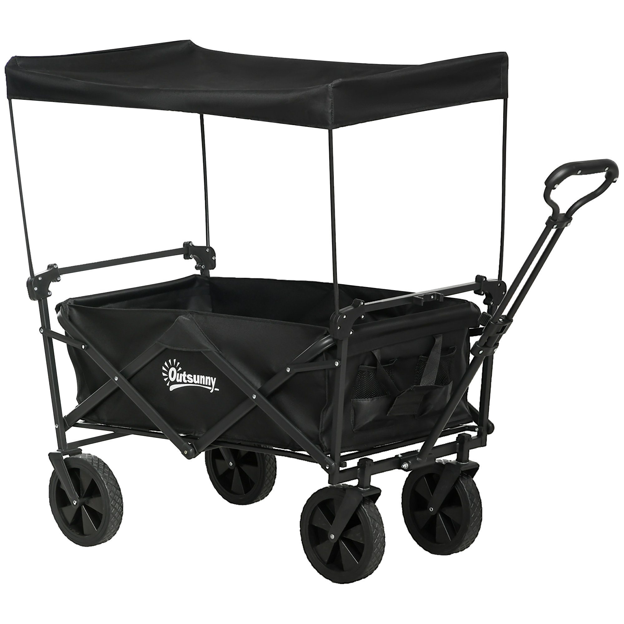 Outsunny Fahrradlastenanhänger Faltbar Transportwagen mit Sonnendach, Handwagen mit Griff, bis 110 kg Belastbar, Oxford, Schwarz