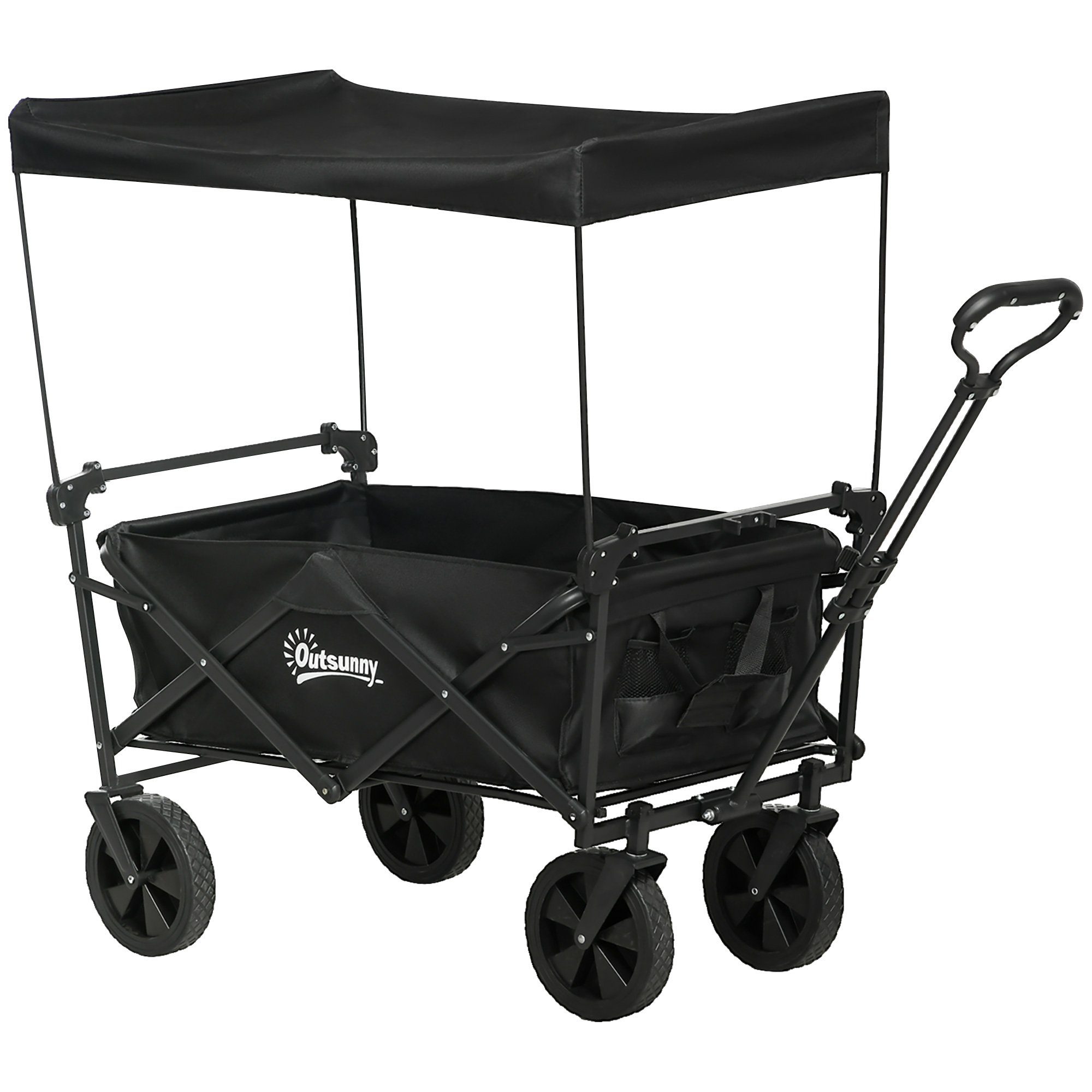 Outsunny Bollerwagen Faltbar Transportwagen mit Sonnendach, Handwagen mit Griff (Strandwagen, 1-tlg., Gartenwagen), bis 110 kg Belastbar, Oxford, Schwarz