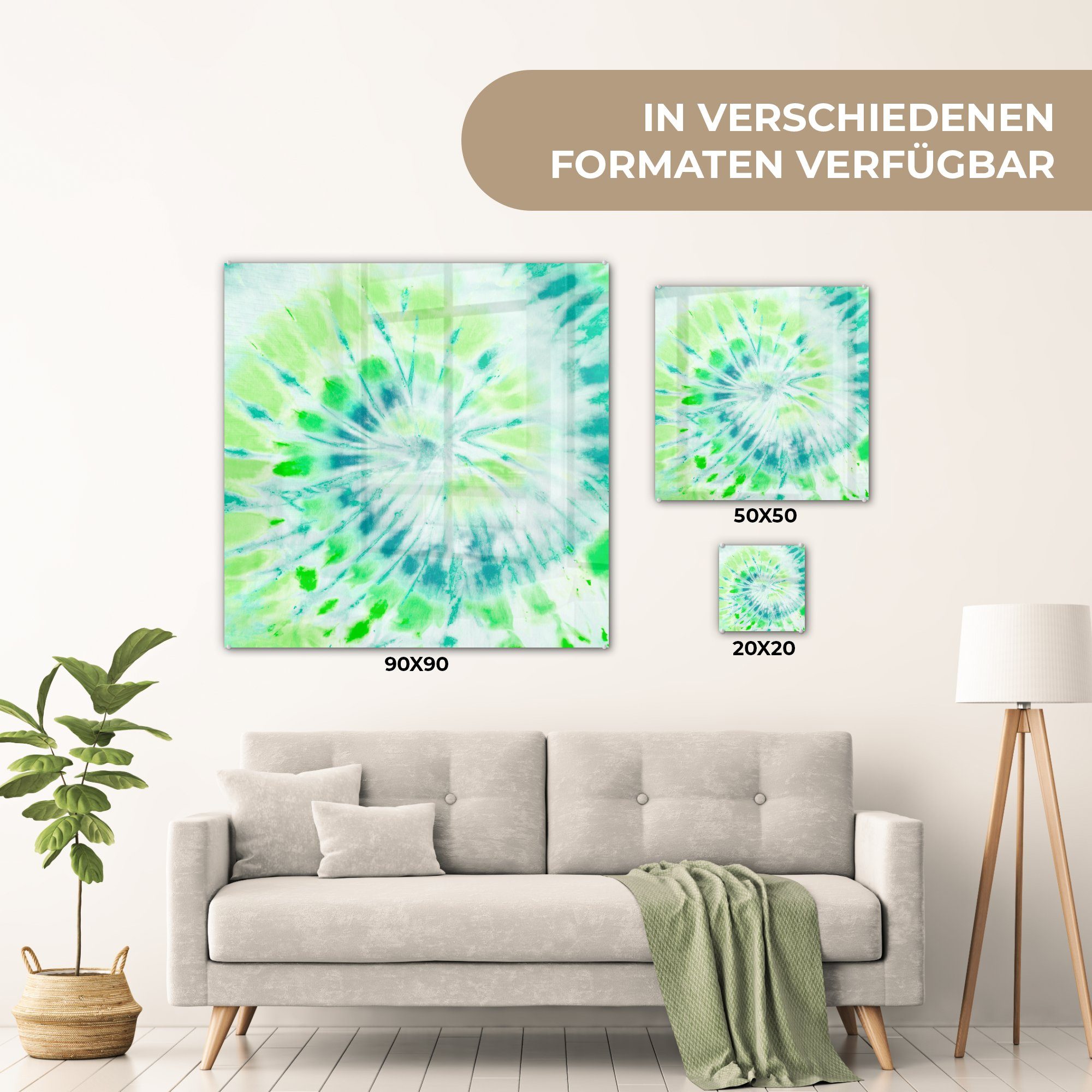 Foto MuchoWow Wandbild St), Bilder auf - Wanddekoration - (1 - Spirale Glas auf - - Glas Acrylglasbild Hippie, Krawattenfärbung Glasbilder