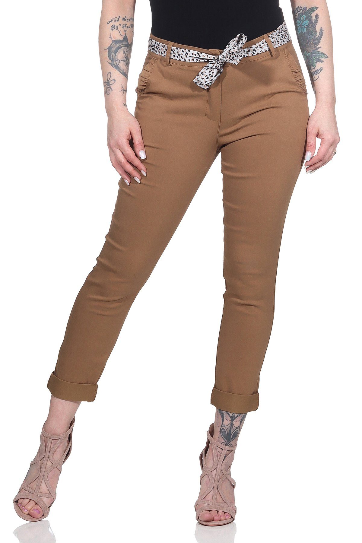 Tuch M. Mississhop Braun Chino Stretch gemustertem Hose 366 Klassische mit Female Stretch-Hose Damen