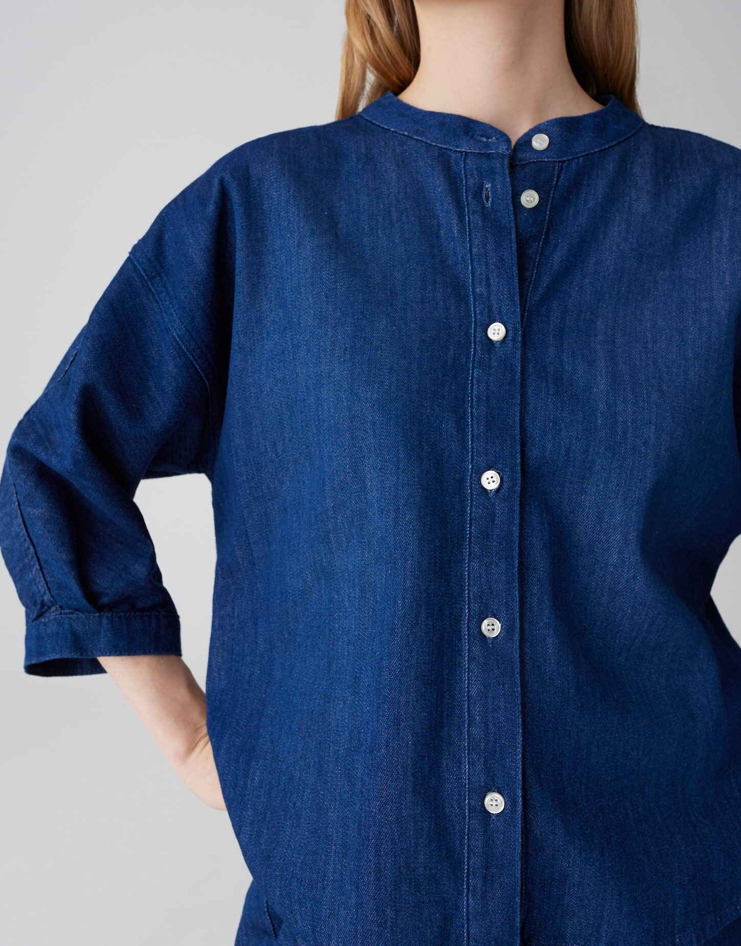 OPUS Kurzarmbluse Jeansbluse aus reinem BCI Cotton Regular Fit