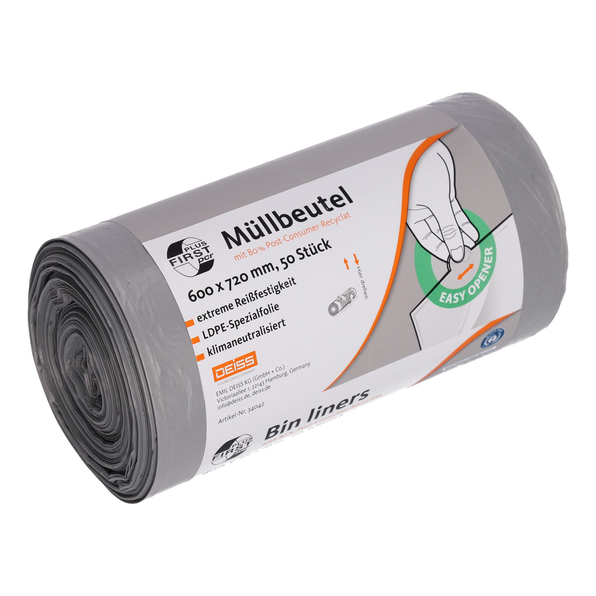 Deiss Papierkorb Müllsack FIRST PLUS 34042 60l grau 50 Stück