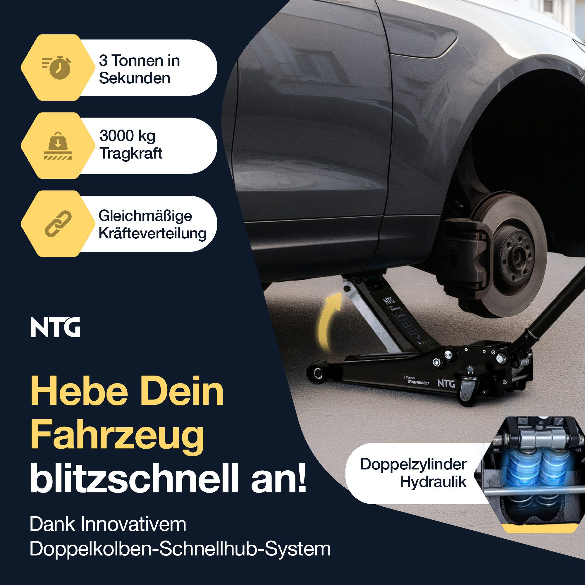 NTG Nutzfahrzeug Technik GmbH Rangierwagenheber Hydraulisch Wagenheber 3to 3000kg 85-485mm KFZ PKW SUV Werkstatt, max. Hubhöhe: 48.5 cm, Magnetische Ablage