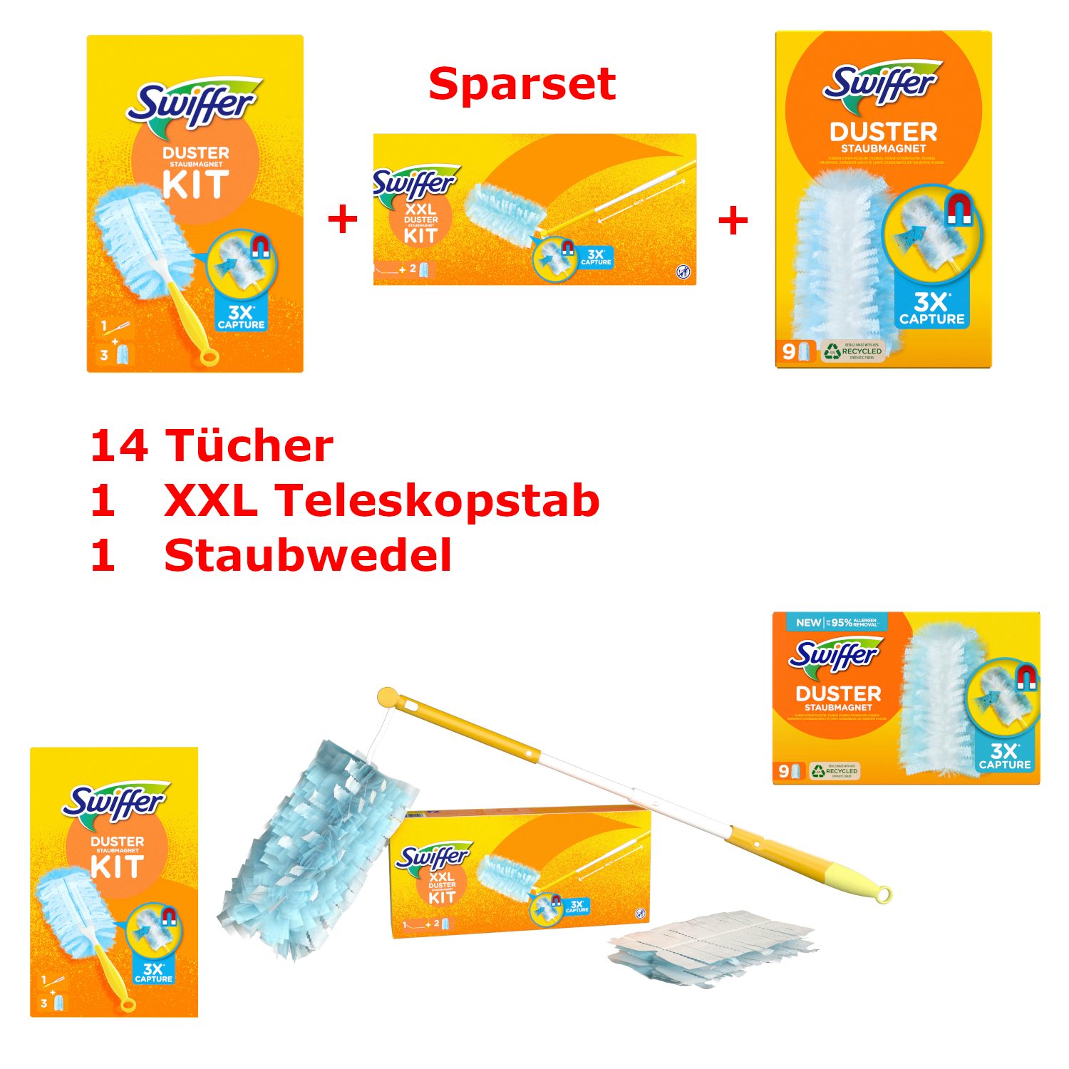 Swiffer Swiffer Staubmagnet XXL Set Teleskopgriff Handgriff 14 Tücher Reinigungstücher (3-tlg)