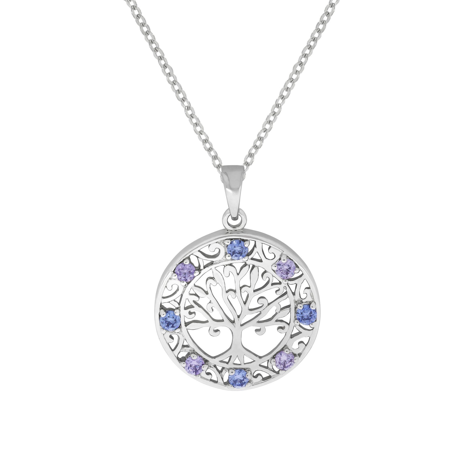 Zeeme Kette mit Anhänger 925/- Sterling Silber rhodiniert Baum Zirkonia blau lila