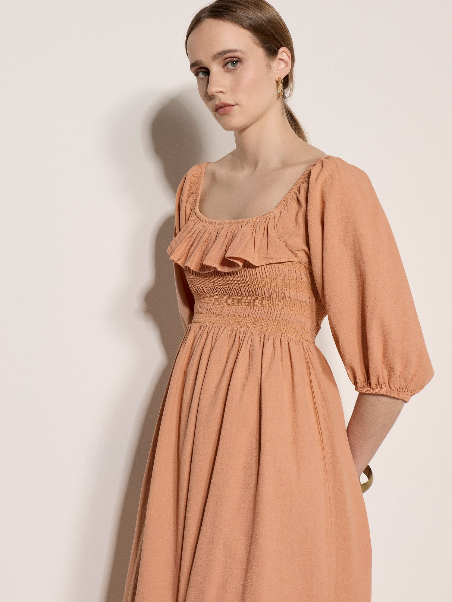 Apricot Midikleid Midi-Kleid im Milchmädchen-Stil mit Rüschen Gerafft