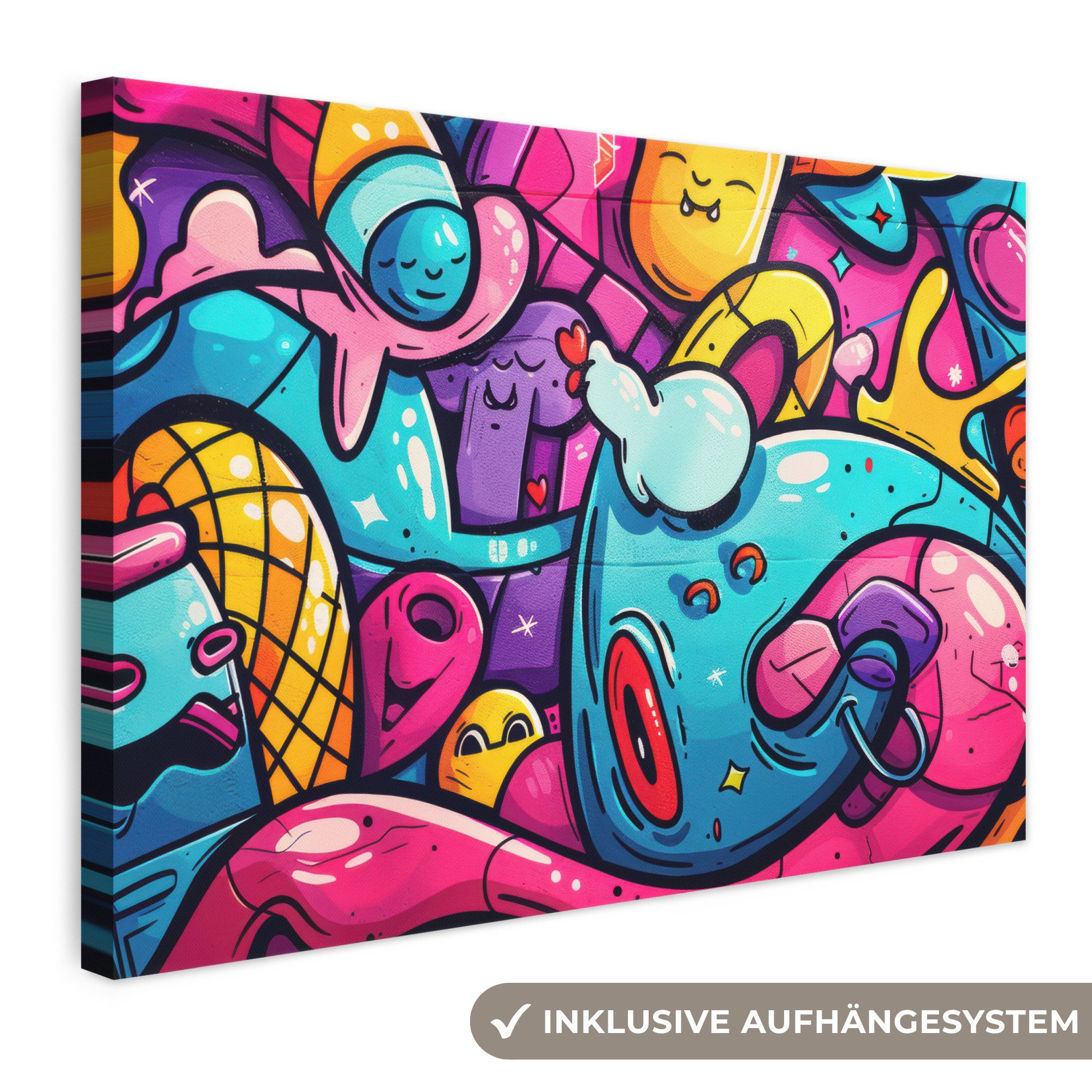 OneMillionCanvasses® Leinwandbild Abstrakt - Neon - Design - Bunt - Graffiti, Fotodruck (1 St), Leinwand Bilder Klein, Wand Dekoration Aesthetic 30x20 cm