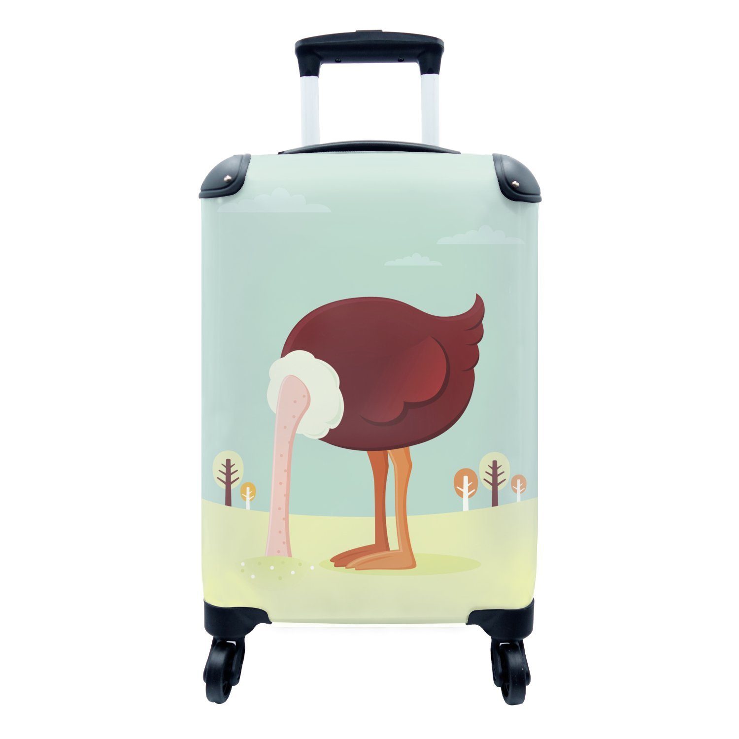 eines mit den Kopf Reisetasche Trolley, Reisekoffer 4 der Sand für Illustration Handgepäck in steckt, Ferien, Handgepäckkoffer MuchoWow Straußes, rollen, den Rollen,