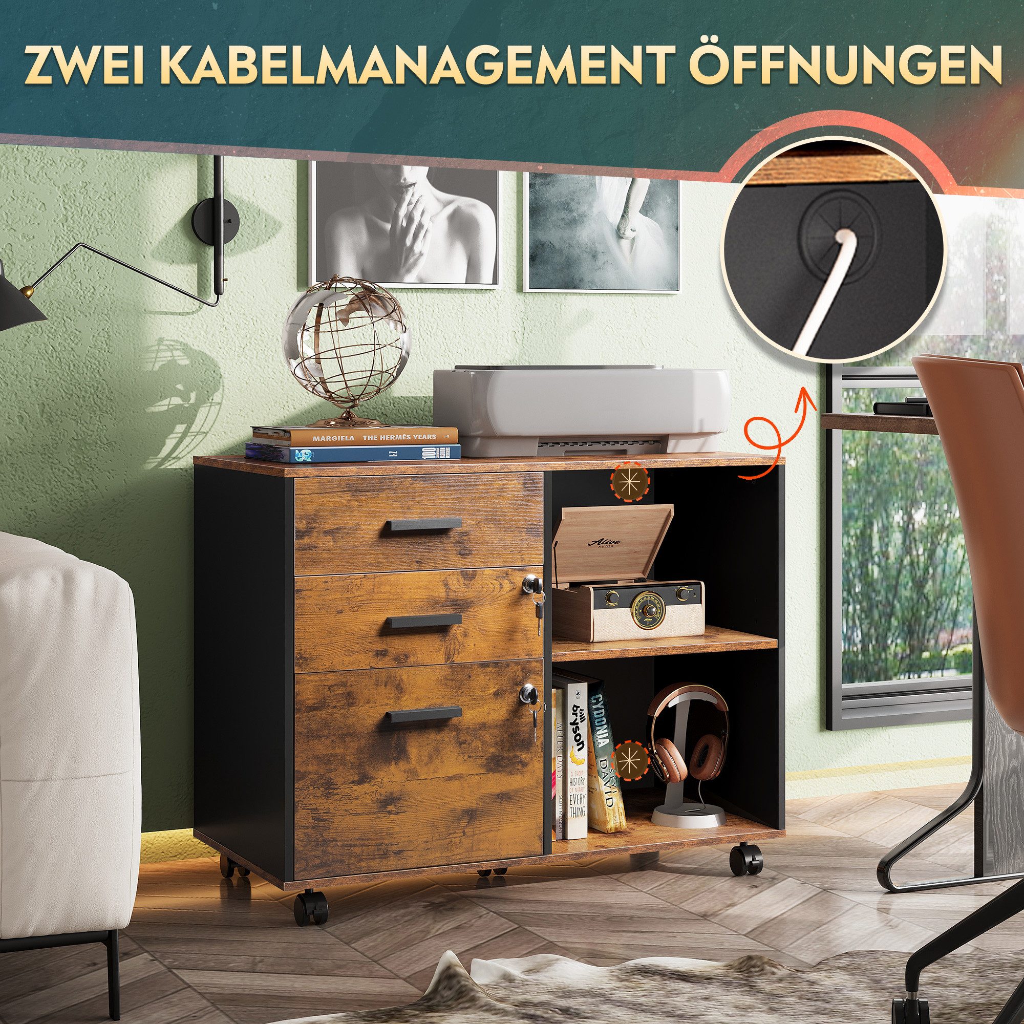 DEVAISE Aktenschrank Rollcontainer mit 3 abschließbaren Schubladen & offenem Fach, (80×40×63 cm) mobiler Aktenschrank auf Rollen, Hängeregistratur Letter