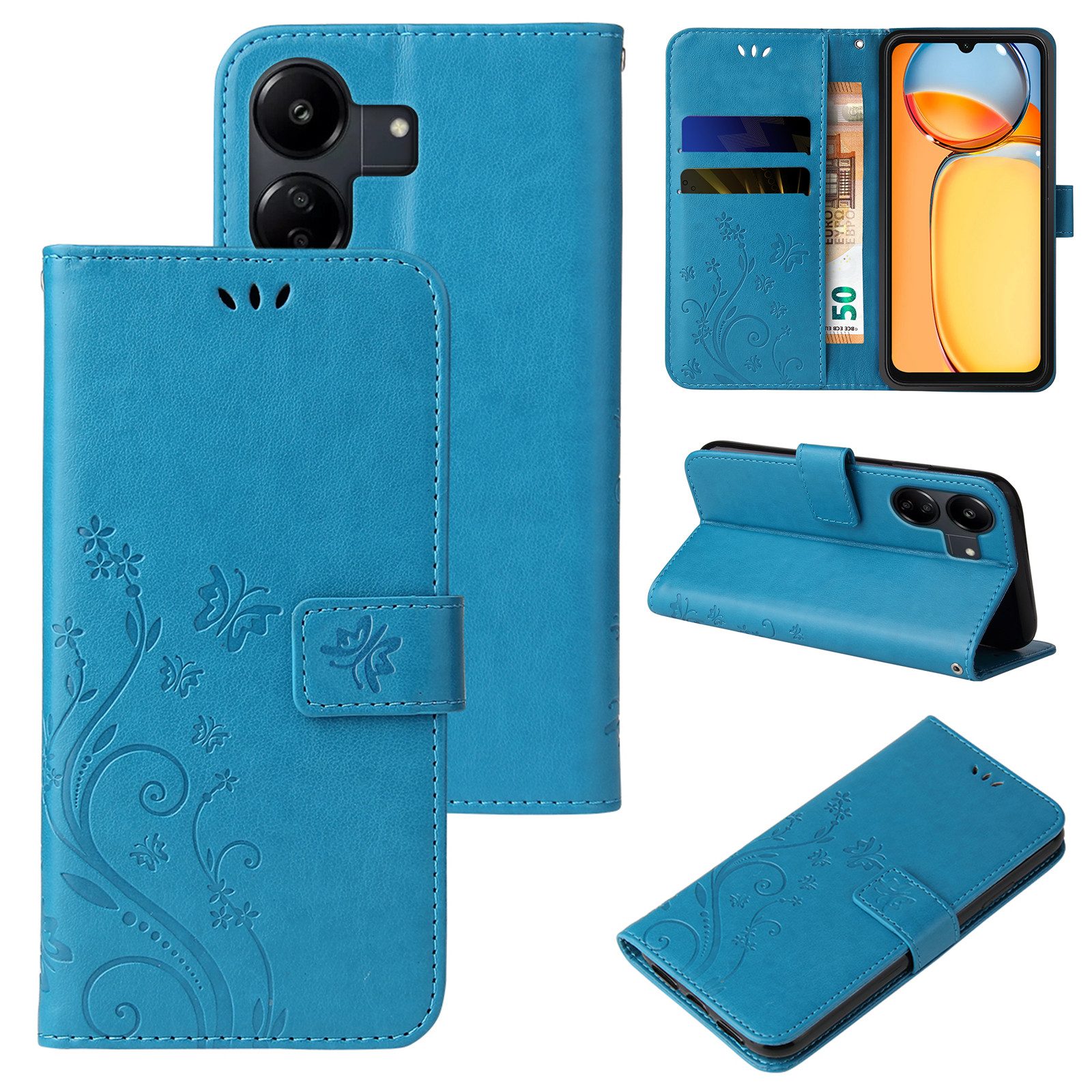 Tec-Expert Handyhülle Cover Tasche Hülle für Xiaomi Redmi 13C 6,74 Zoll, Klapphülle Case mit Kartenfach Fliphülle aufstellbar, Motiv Blumen