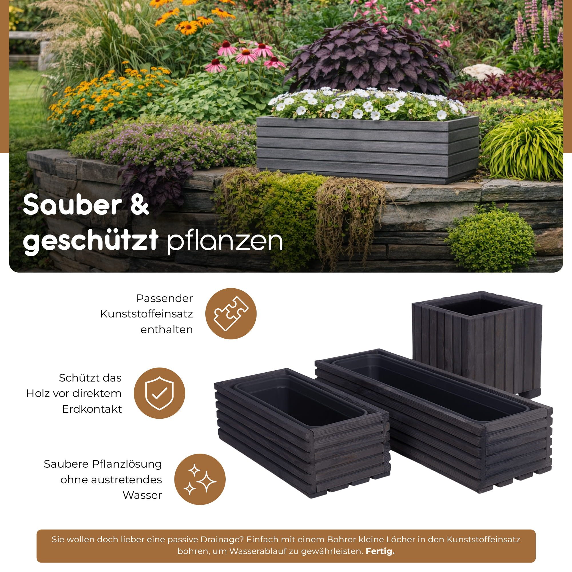 BooGardi Pflanzkübel Balkonkasten Blumenkasten mit Kunststoffeinsatz (Pflanzkasten · Dunkelbraun 44x20x14cm · 4 Farben · 3 Größen), Pflanzgefäß für Fensterbank  – Bild 4 von 5