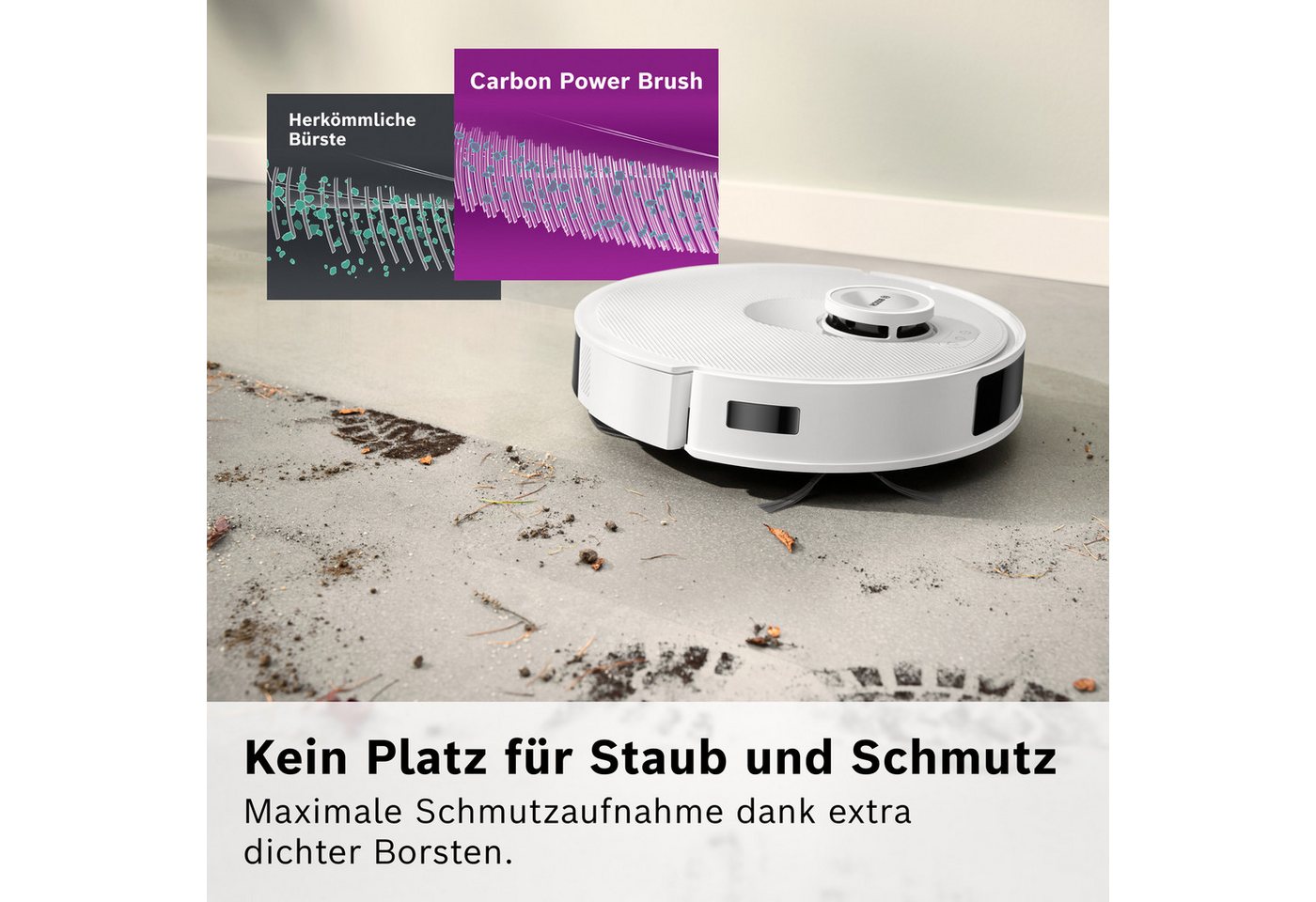 BOSCH Saugroboter Spotless BCRD1W, Saugroboter mit Wischfunktion, 11.000 Pa Saugkraft, 60 W, beutellos, Trocken-Servicestation, Infrarot Navigation, Carbon Bürste weiß