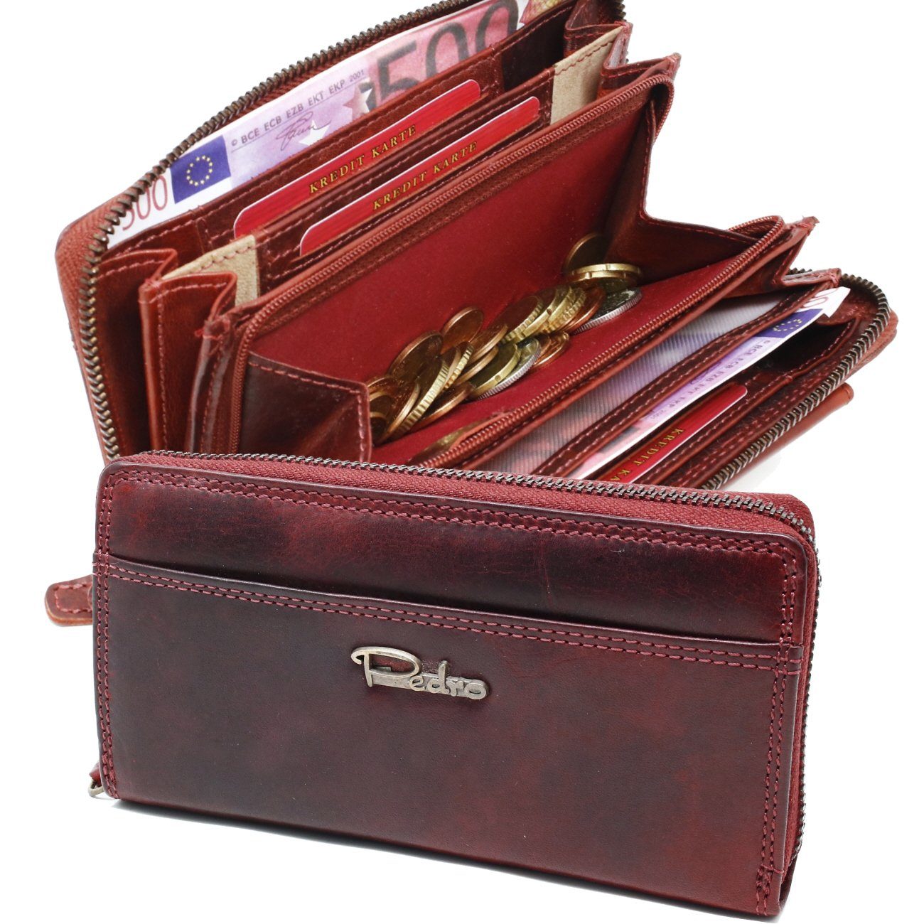 SHG Geldbörse Damen Leder Börse Portemonnaie, Geldbeutel Portmonee  Brieftasche«, Münzfach, Reißverschluss, Kreditkartenfächer, RFID Schutz
