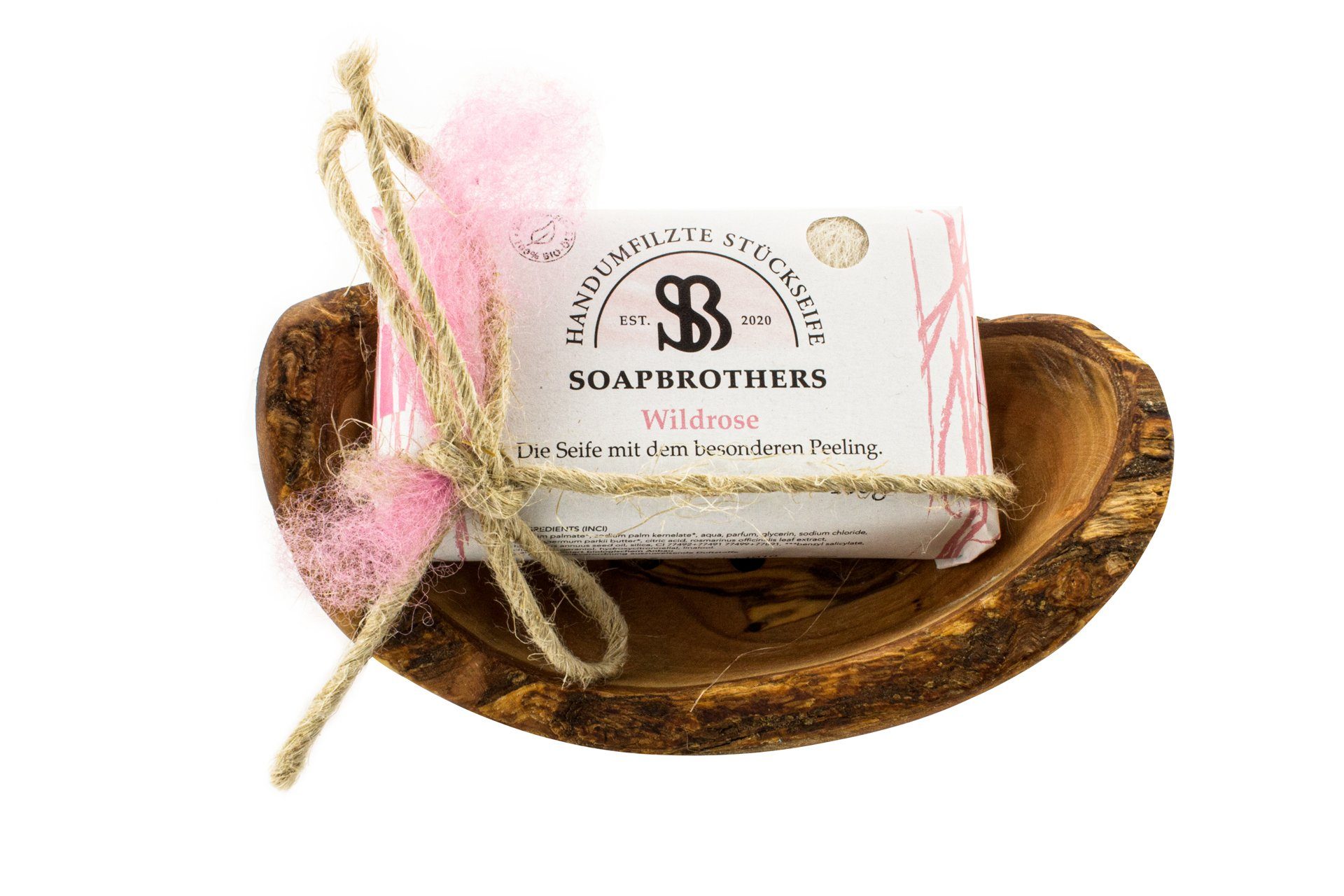 Hanfgarn, Naturkosmetik Wild Filzseife 100g, Geschenkset Soapbrothers Seifen-Set nachhaltige & Olivenholzschale 2-tlg., mit Rose Geschenkidee,