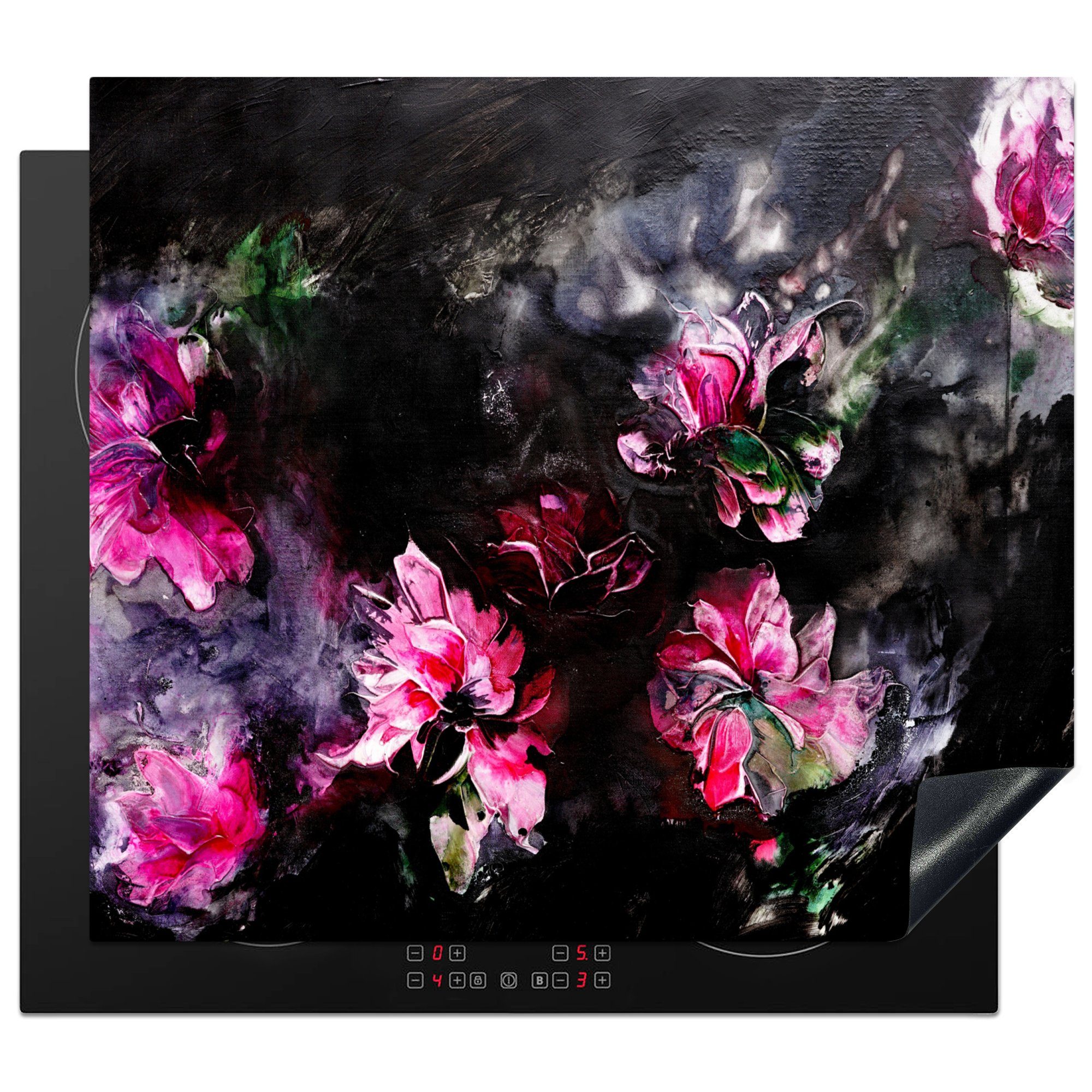 MuchoWow Kunst nutzbar, Vinyl, Farbe 60x52 - cm, Herdblende-/Abdeckplatte Blumen tlg), Rosa (1 Ceranfeldabdeckung Schwarz, Mobile - - - Arbeitsfläche