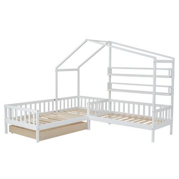 SOFTWEARY Kinderbett Hausbett mit 2. Schlafgelegenheit und Lattenrost (90x200cm/70x140cm), Kiefer