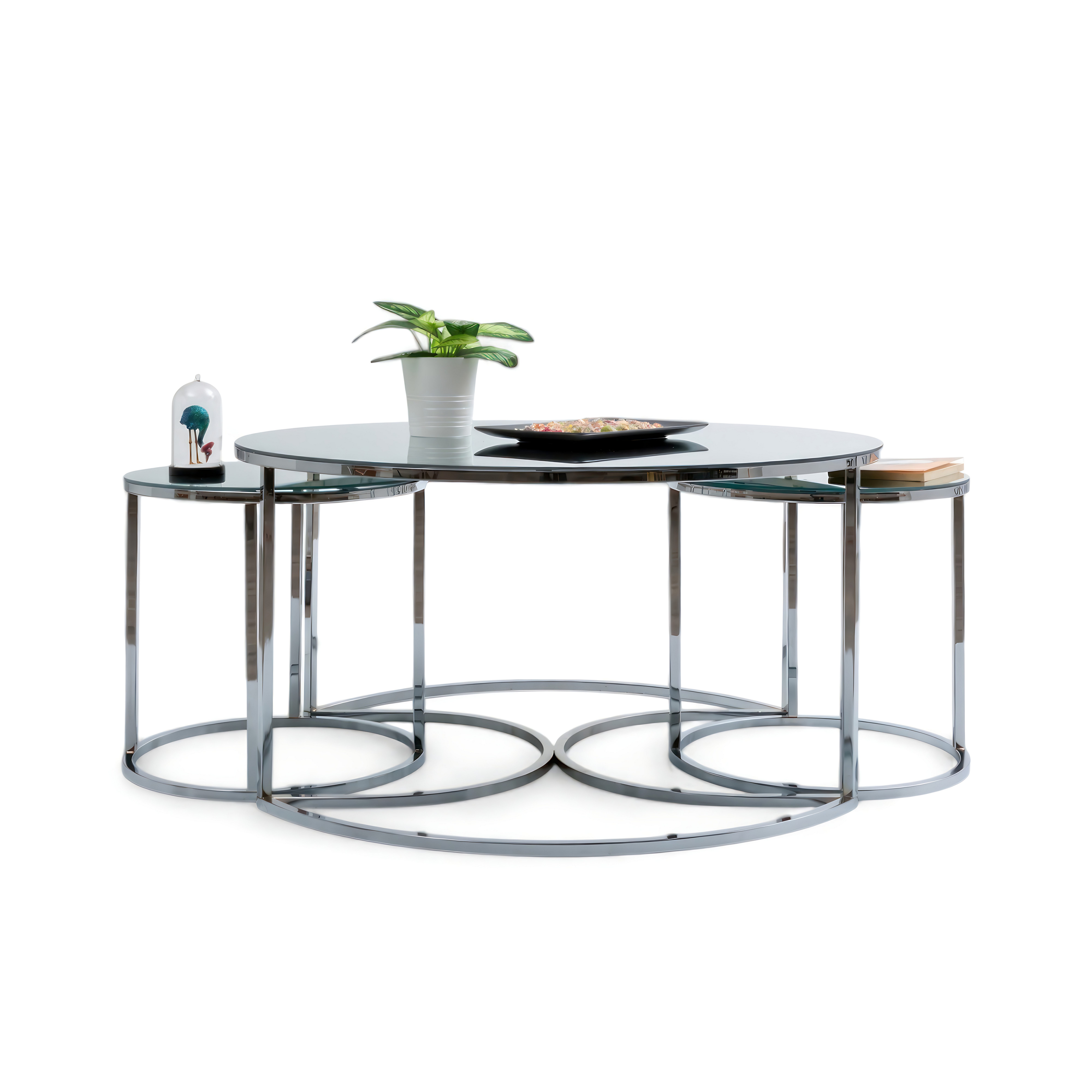 JVmoebel Couchtisch Runder Couchtisch in Silber mit Anbautischen aus Metall (Packung, Couchtisch, 2x Beistelltische), Made in Europe